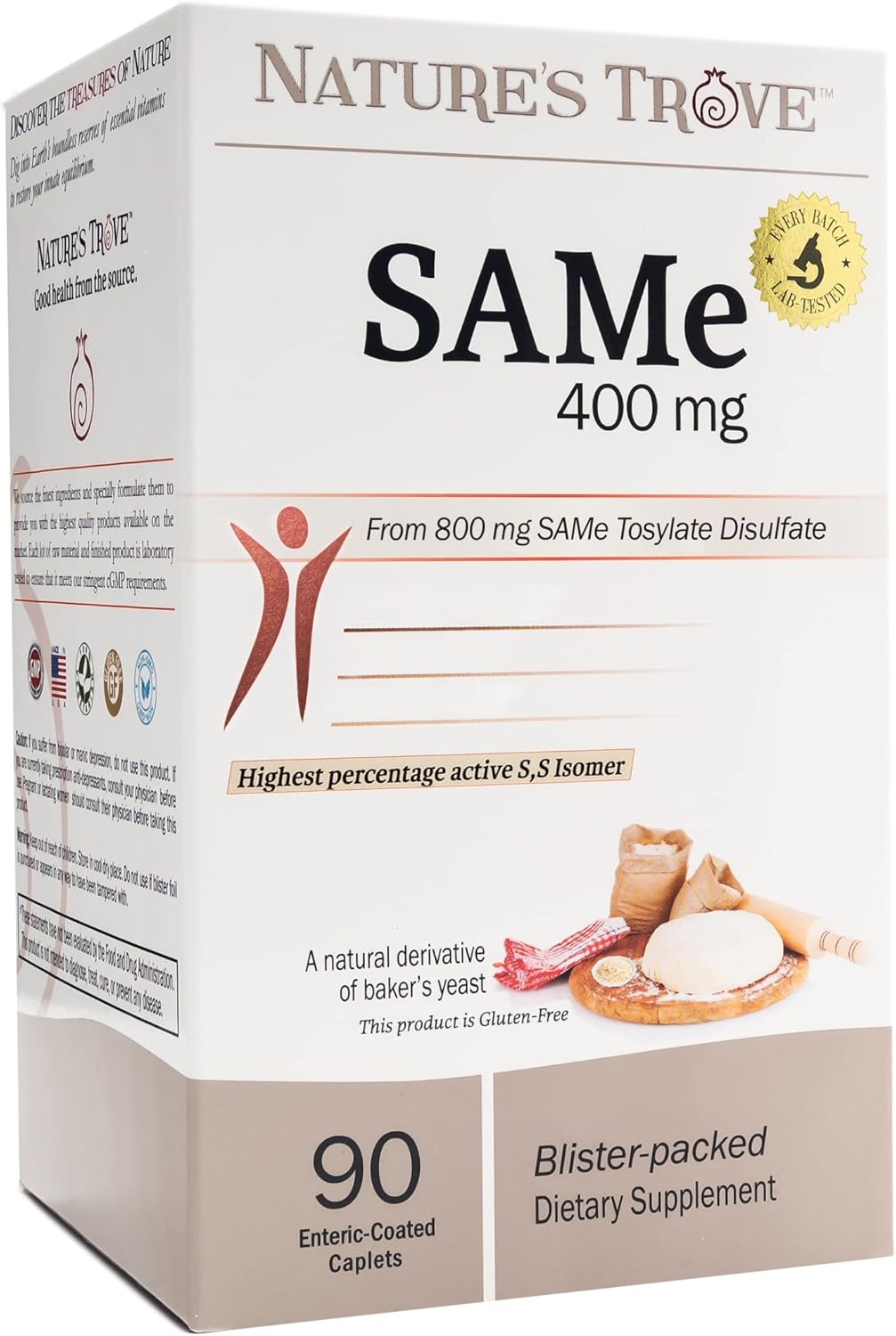 Nature’s Trove SAM-e 400mg 90 Enteric Coated Caplets. Vegan, Kosher, Non-GMO Project Verified, Soy Free, Gluten Free – Cold Form Blister Packed.