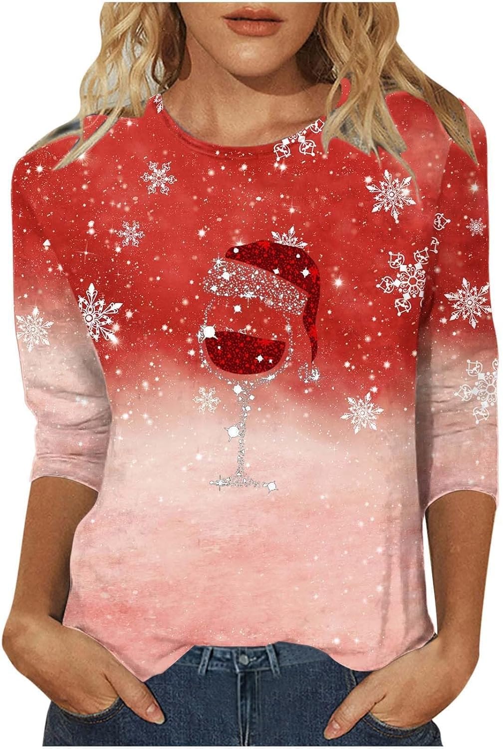 3/4 Sleeve Christmas Shirts for Women 2024 Trendy Cute 3D Xmas snowflake Print Pullover Loose fashion Party Tops