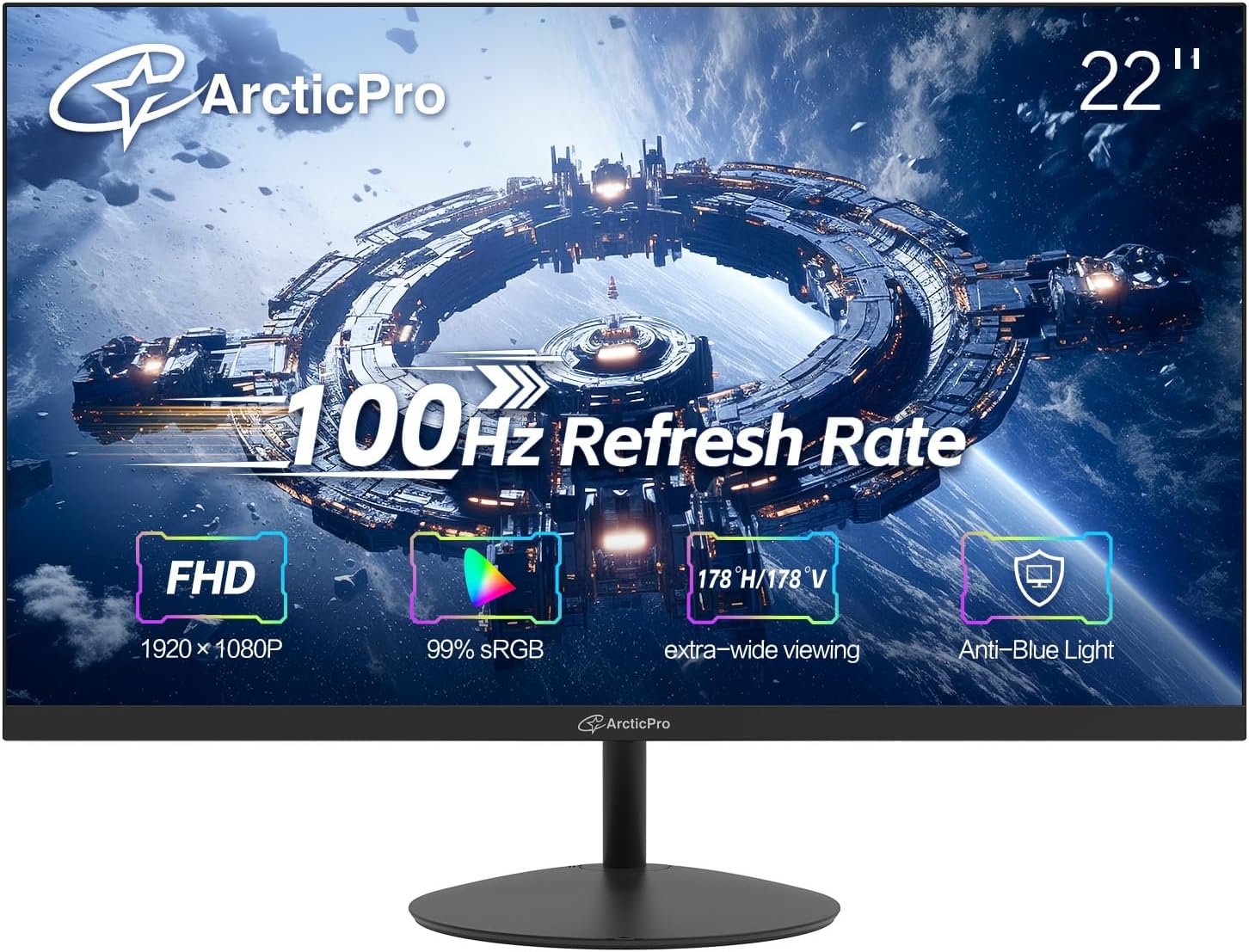 22inch Computer Monitor, FHD 1080p, 100Hz Office and Gaming Monitor, 4ms Response Time, 3-Sided Frameless, Ultra Slim, VESA Mountable, Anti-Blue Light Design, HDMI, VGA