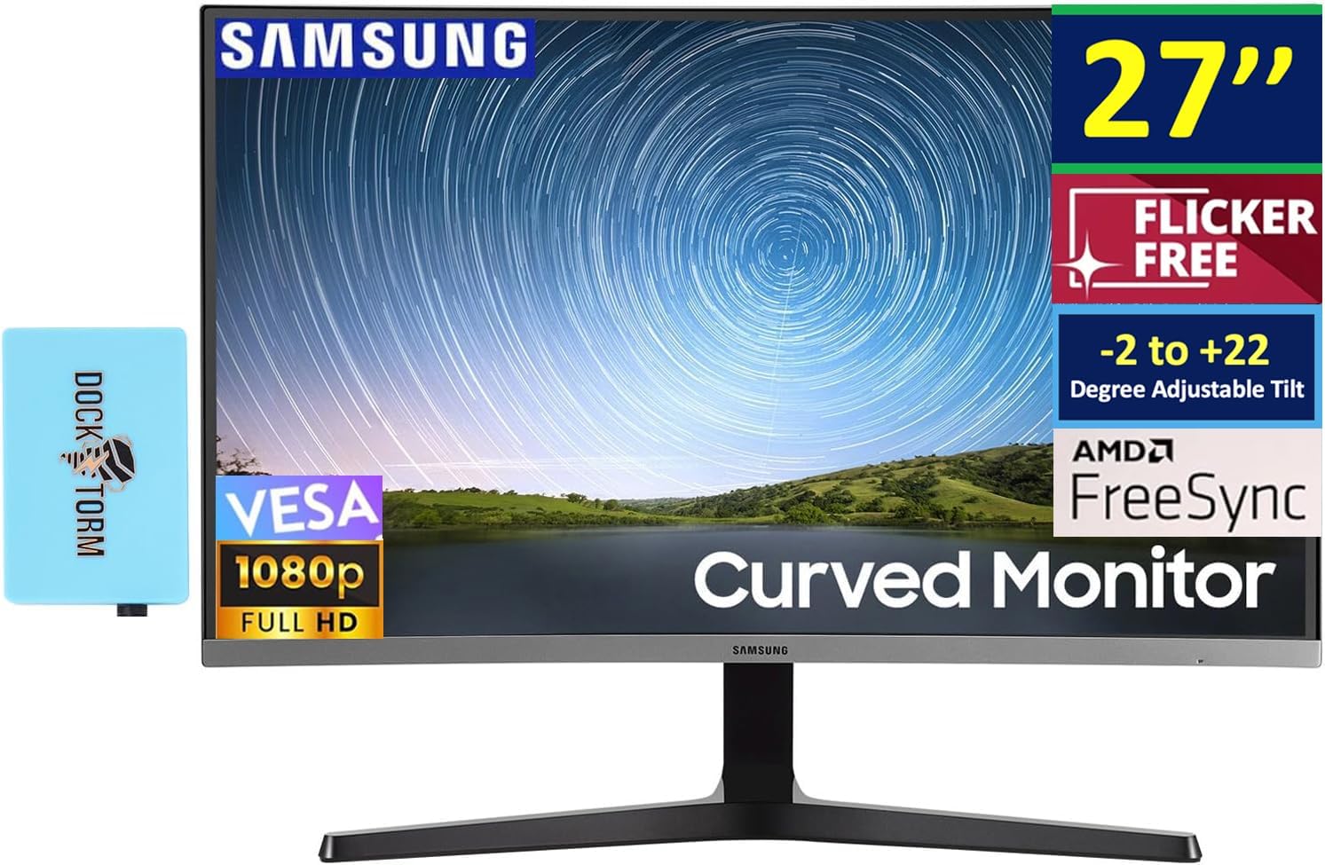 SAMSUNG CR50 27″ Curved Monitor with FHD VA Display, AMD FreeSync, Low-Blue Light Mode, Adjustable Tilt, VESA Mount, HDMI 1.4, VGA, & Dockztorm USB Port Expander (2024 Latest Model – LC27R500FHNXZA)