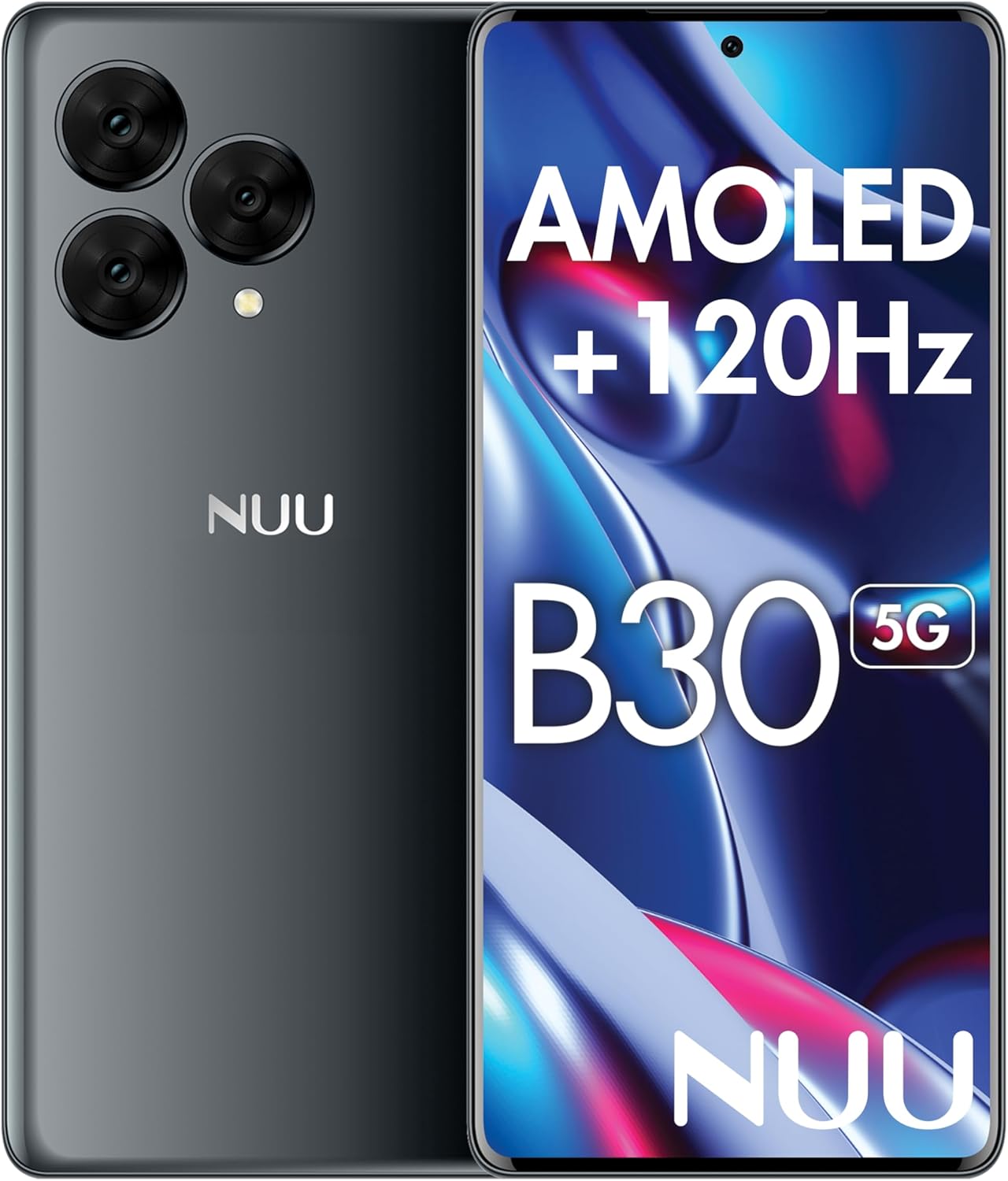 NUU B30 5G Cell Phone AMOLED 6.7” | 8GB RAM/256GB | Unlocked Phones for T-Mobile, Mint, Metro, Qlink and More, 64MP + 32MP Selfie Camera, Dimensity 7050 120Hz Dual SIM. Black, Android Phone 14