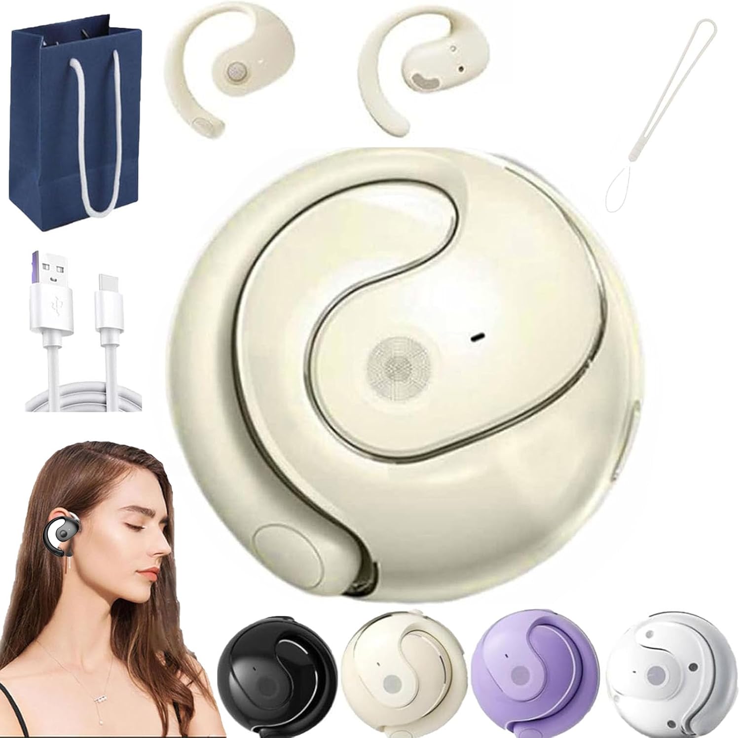 Hy-T26 Pro Language Translator, Hy-T26 Earphone Wireless Bluetooth,Hanging Bluetooth 5.4 Earphones, Open Ear Headset Ball – Portable and Comfortable, Supports Over 75 Different Languages (Beige)