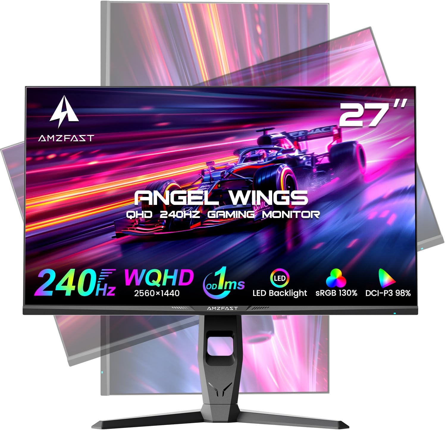 27 Inch WQHD 240Hz Gaming Monitor 1440P-1ms AMD FreeSync 丨DCI-P3 98% 丨Fast IPS丨Speakers丨HDR10 丨2×DisplayPort 1.4丨2×HDMI丨Height Adjustable Vertical/Horizontal Rotating Gaming PC Monitor