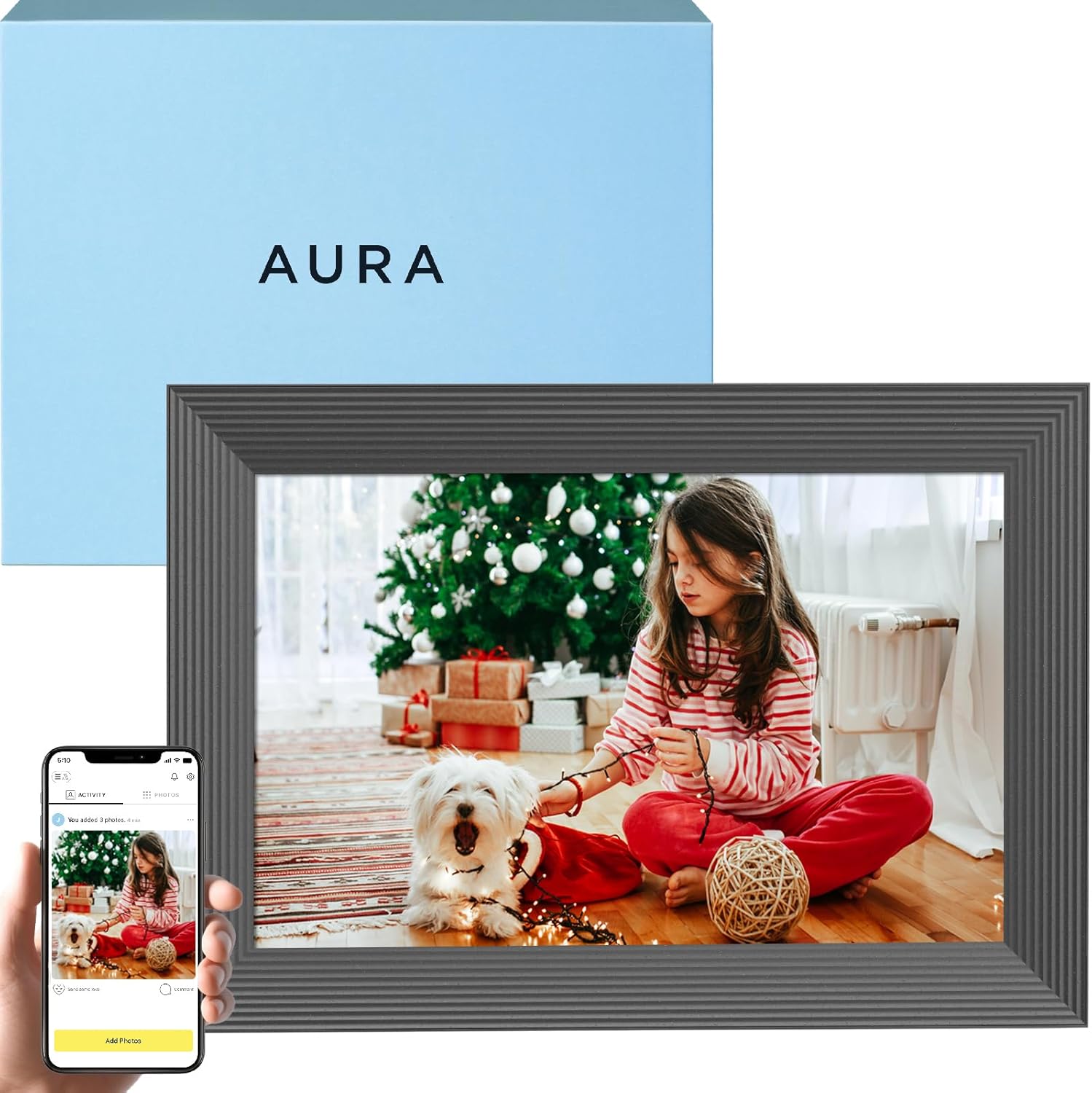 Aura Digital Picture Frame – 10.1″ HD Display | Wirecutter’s Best Digital Frame for Gifting – Send Photos Directly from Your Phone from Anywhere | Quick & Easy Setup Over WiFi – Free Aura App | Black