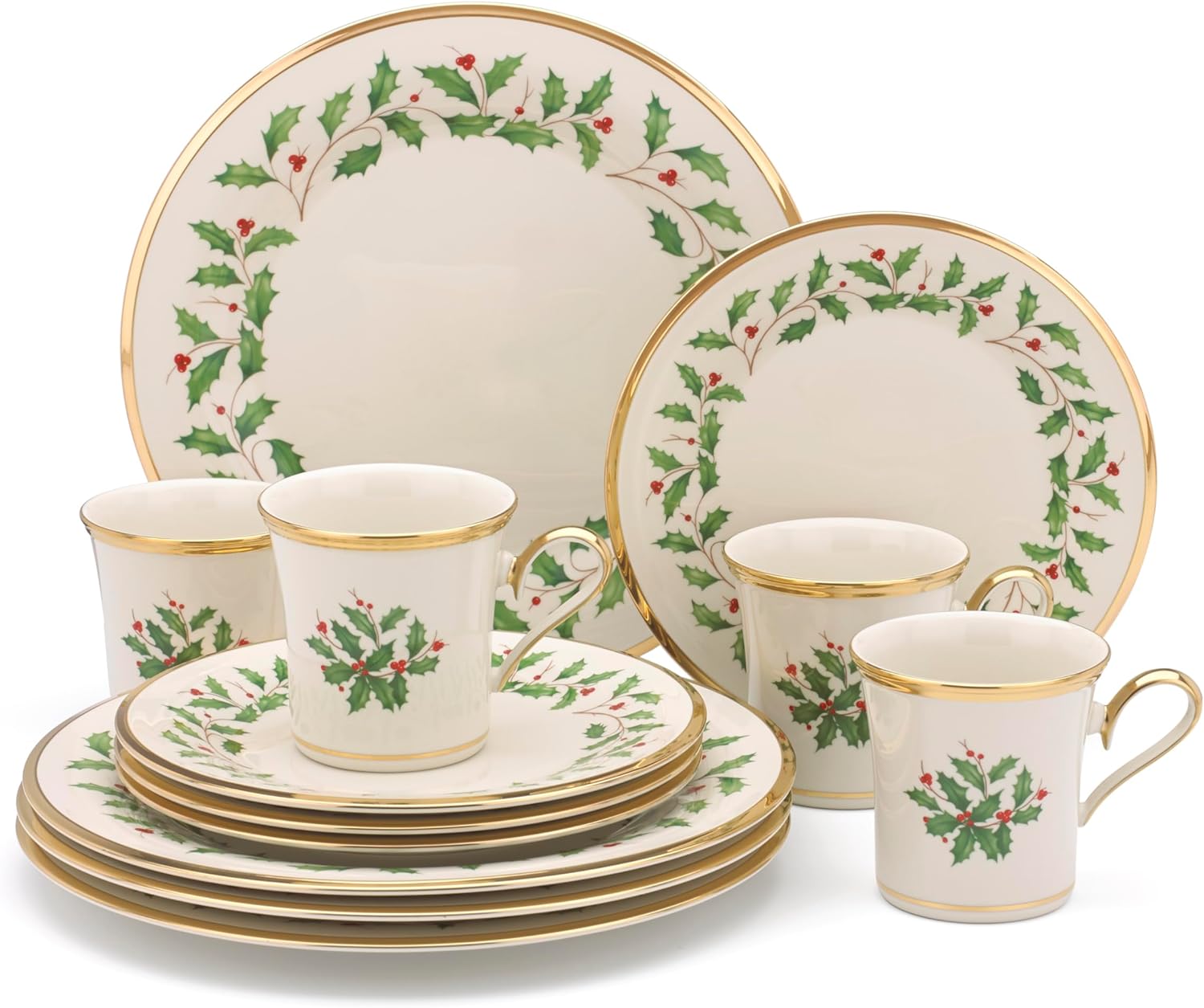 Lenox 6122048 Holiday 12-Piece-Plate-&-Mug Set, Christmas Dinnerware, Hosting