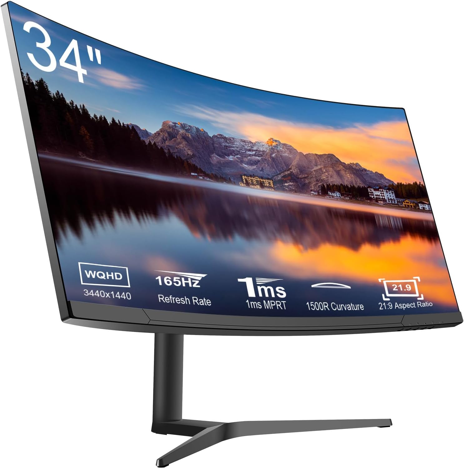 34″ Curved WQHD 3440×1440 Gaming Monitor 165Hz, 1ms, 1500R, HDR 10, 100% sRGB PC Screen, AMD Free-Sync Premium/G-Sync Compatible, 2 x DispalyPort 1.4 & HDMI 2.0, Height/Tilt Adjustable Stand, Black