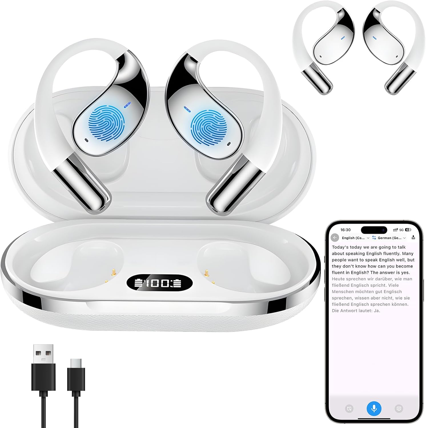 AI Real-Time Translation Earbuds,3-in-1 AI Translator Earbuds with 144 Languages,Two-Way Multi-Mode Language Translating Earbuds,HiFi Sound,Fit iOS and Android,for Travel Business Learning (White)