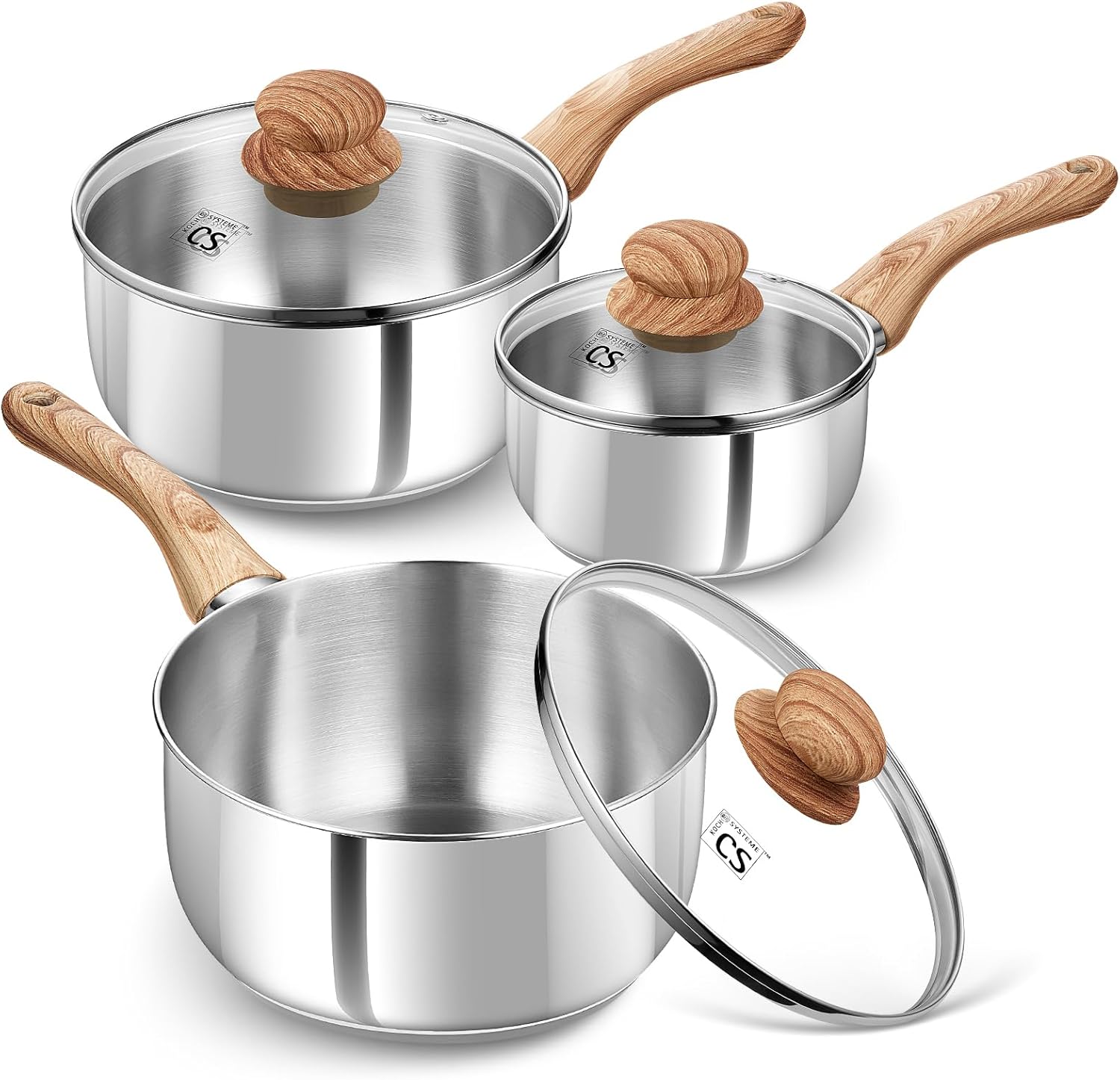 KOCH SYSTEME CS Stainless Steel Saucepan Set, 6 Piece Stainless Steel Sauce Pan 1QT & 2QT & 3QT with heat-resistant Bakelite Handle, Cool-Touch Stainless Steel Pot Set, Sauce Pans Induction Ready