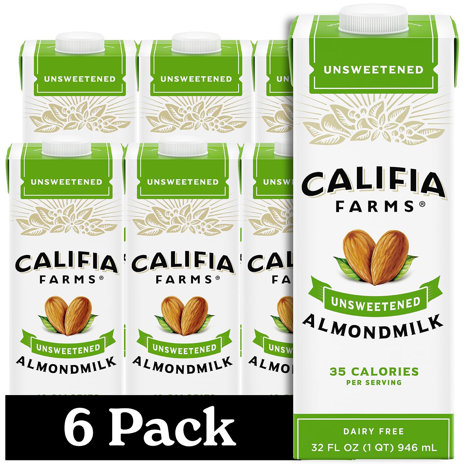 Califia Farms – Unsweetened Almond Milk, 32 Oz (Pack of 6), Dairy Free, Vegan, Plant Based, Keto Food, Shelf Stable, Vegan, Gluten Free, Non GMO, Sugar Free, High Calcium, Smoothie