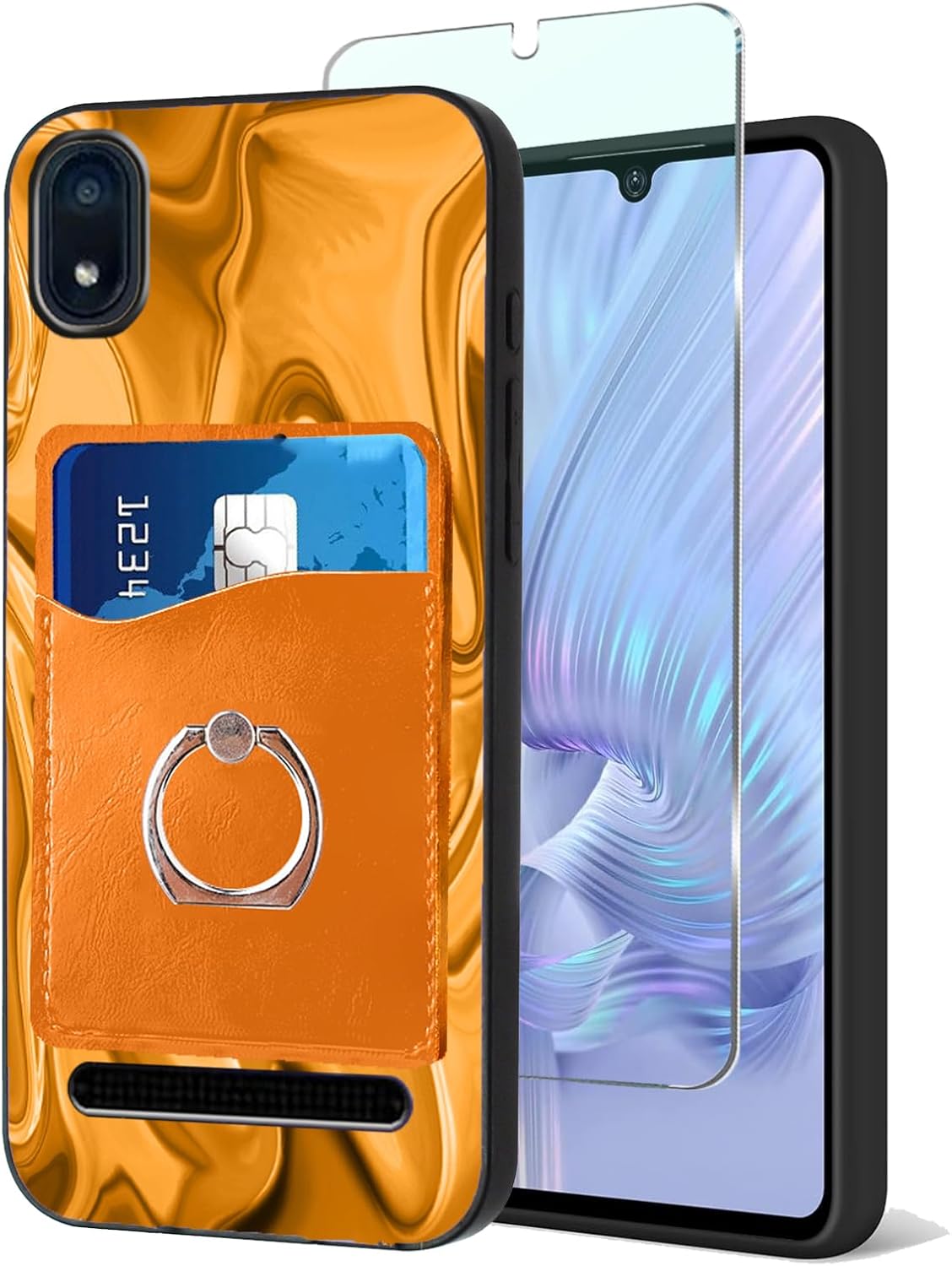 for Cloud Mobile Stratus C8 Case, Screen Protector Glass Flim With 360° Rotating Built-in Ring Holder Finger Stand, Leather PU [Wallet Card Slots Holder] [Orange Art Wavy Painting Cover] Women