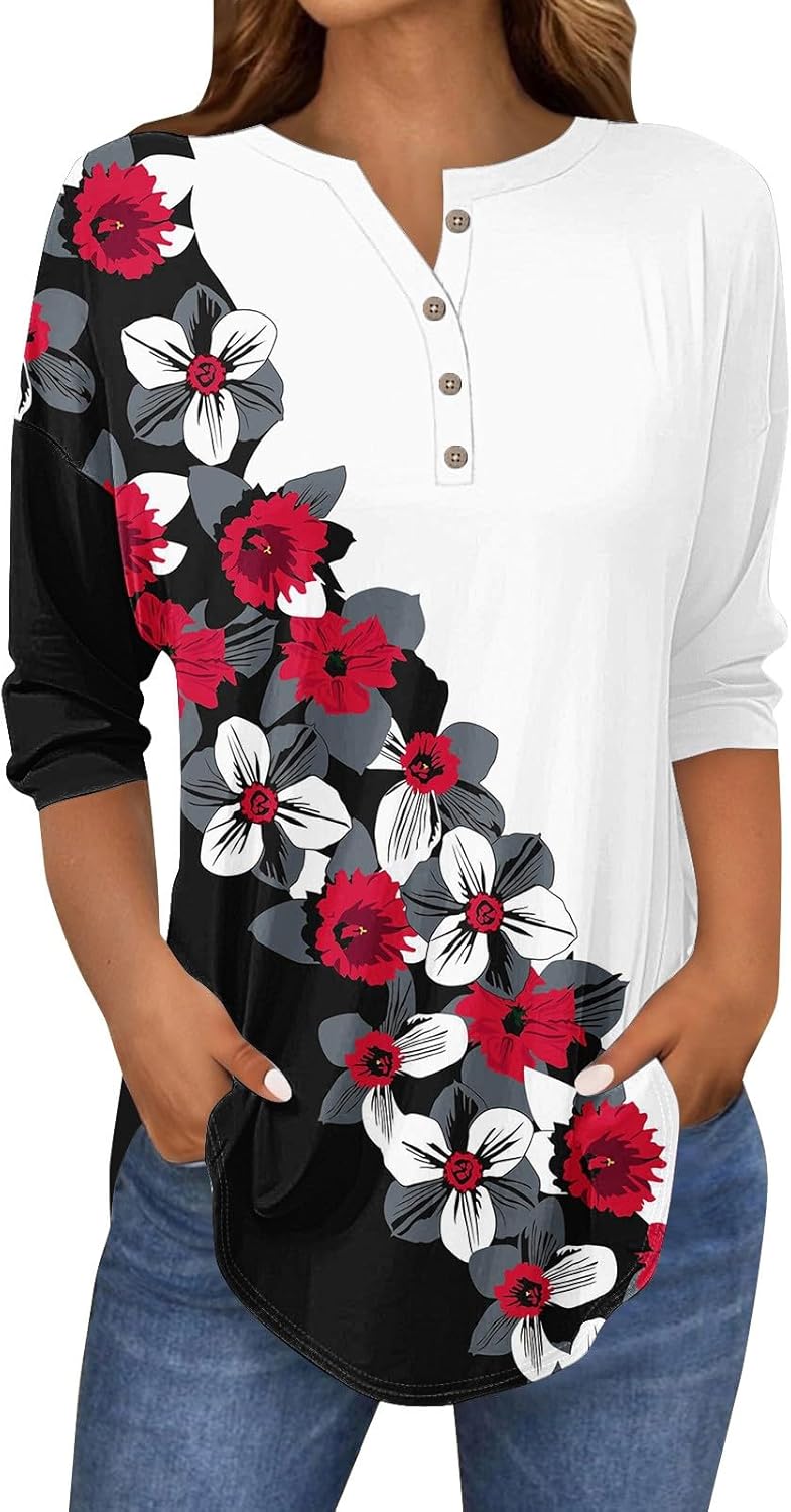 2025 3/4 Sleeve Tops for Women Casual Henley Summer Shirts Relaxed Fit Three Quarter Length Sleeve Printed Blouses