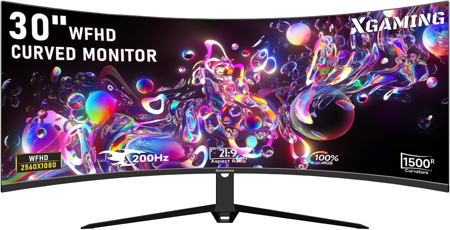 30-inch Curved Gaming Monitor WFHD 200Hz, 1ms, 100% sRGB, 1500R, FreeSync Premium, Low Blue Light Eye Care Screen, HDMI DisplayPort Display, Build-in Speakers,VESA Wall Mount-Black