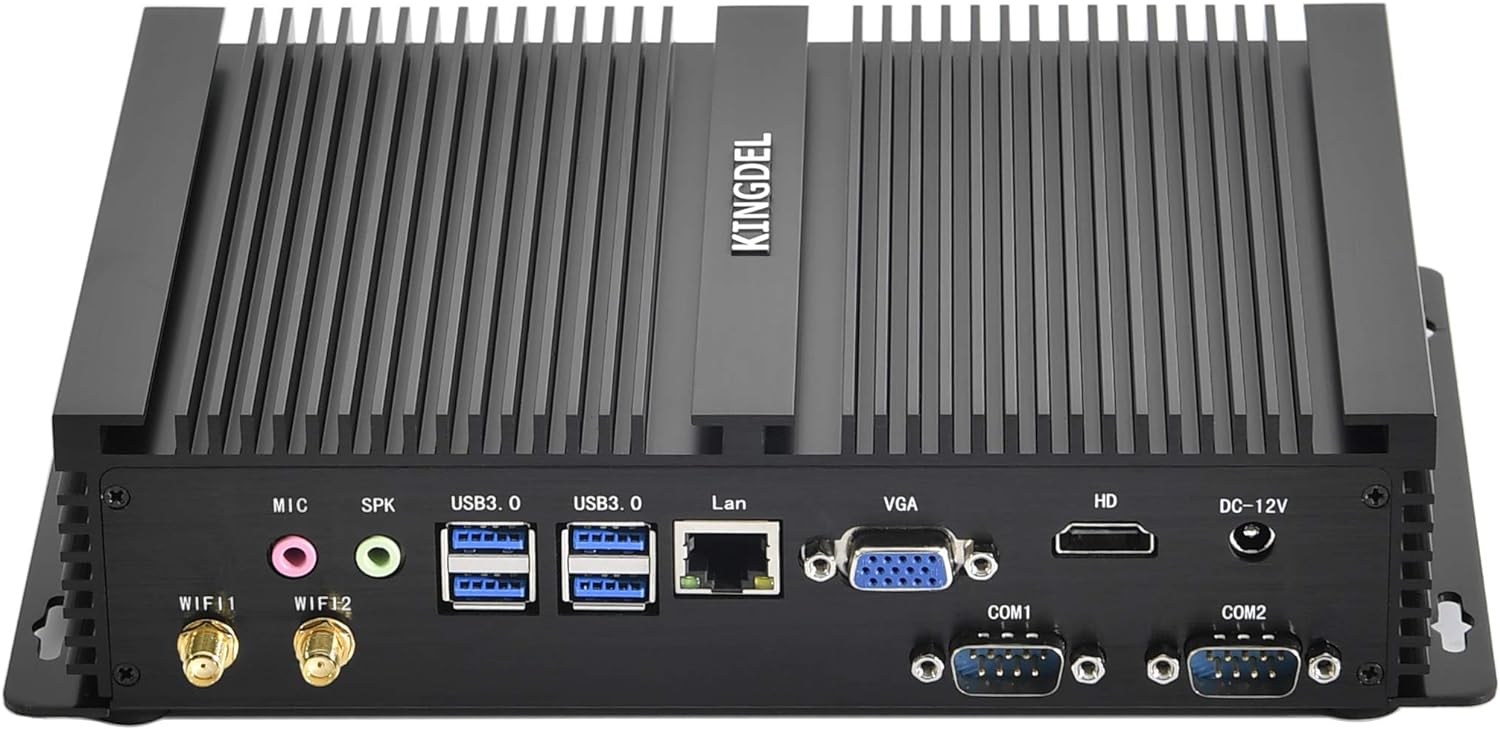 KINGDEL Fanless Industrial Computer, Mini PC, core i7 8th Gen. CPU, 16GB RAM 512GB NVMe SSD, 4xUSB 3.0, HD Port, VGA, 2xCOM RS232, Metal Case