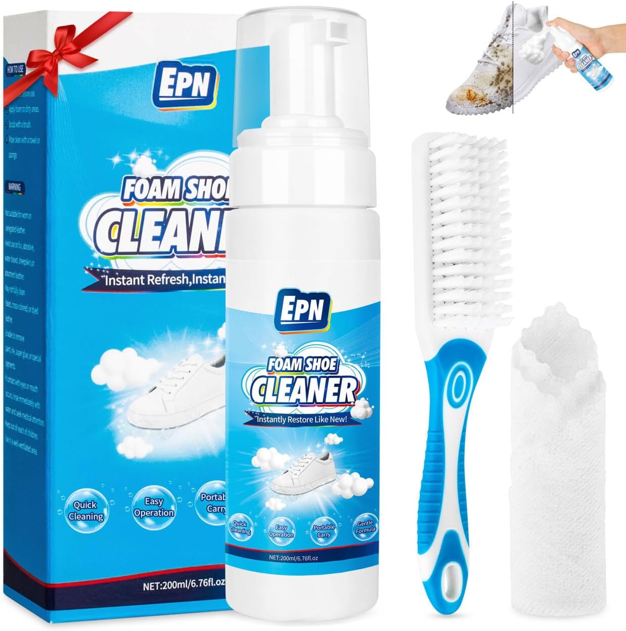 EPN Shoe Cleaner, 6.76 Oz White Shoe Cleaner Kit with Brush and Towel, Foam Sneaker Cleaner Removes Dirt & Stains, Shoe Cleaning for White Shoes, Leather, Knit, Boots, Canvas, Fabric, Tennis