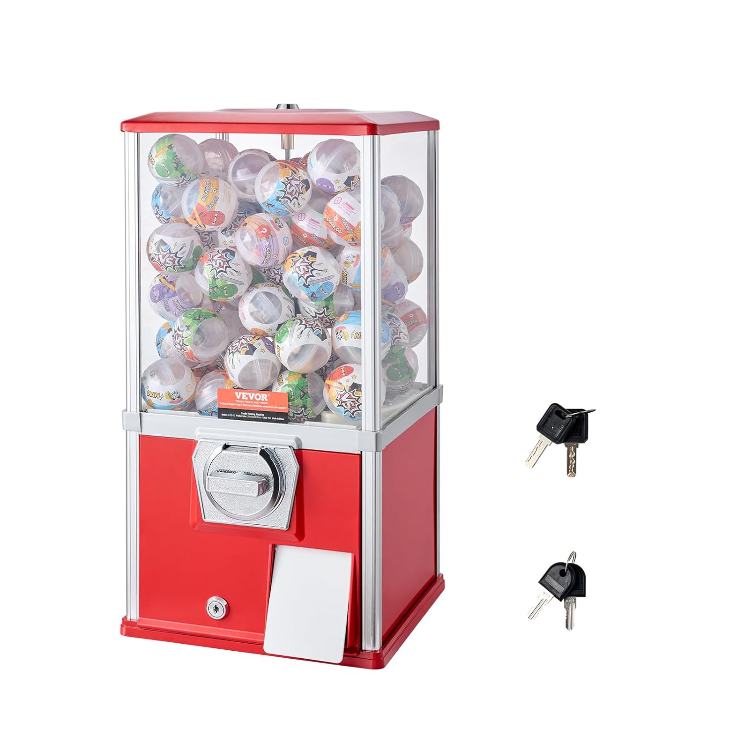 VEVOR Gumball Machine for Kids, 21″ Height Home Vending Machine, PS Bouncy Balls Dispenser, Hold 180 Capsule Toys, Rectangle Bubble Gum Machine for Game Stores, Coin Operated Gumball Bank, Red