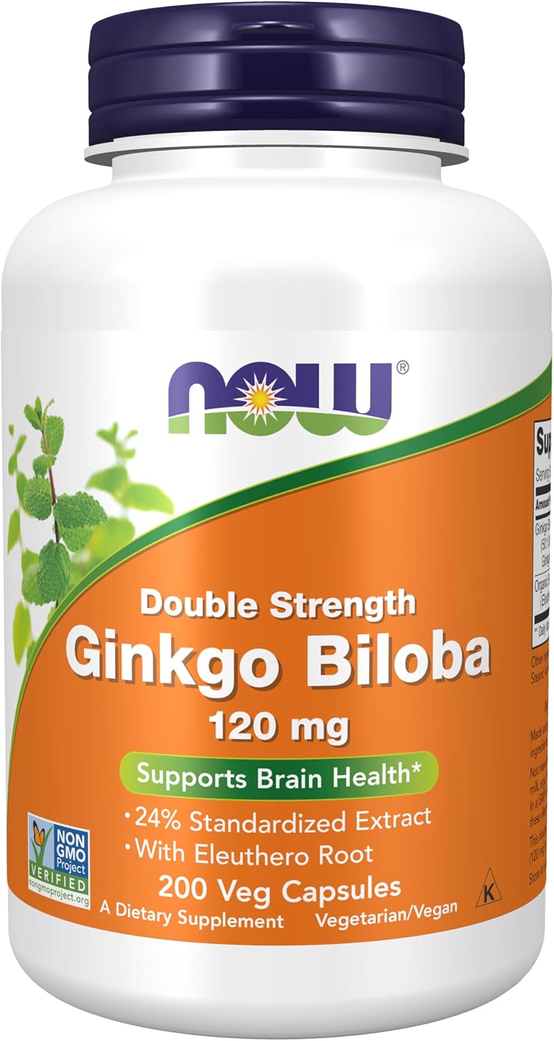 NOW Foods Supplements, Ginkgo Biloba 120 mg, Double Strength, Non-GMO Project Verified, 200 Veg Capsules