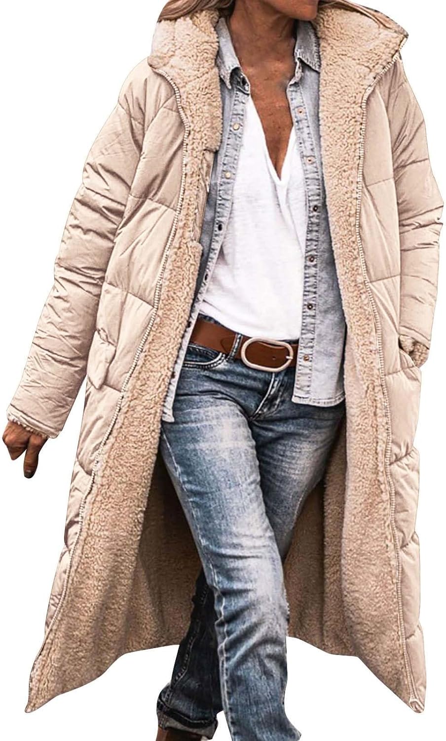 Womens Winter Coats Warm Winter Coat Double Faced Long Sleeve Hooded Down Jacket Leather Sleeve