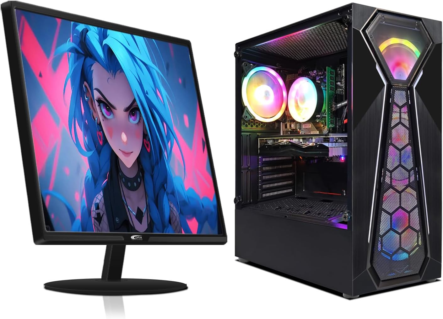 STGAubron Gaming PC Bundle with 24Inch FHD LED Monitor-Radeon RX 580 8G, AMD Athlon 3000G 3.5G,16G RAM, 512G SSD, RGB Fan x4, RGB Mouse Pad, Windows 11 Home