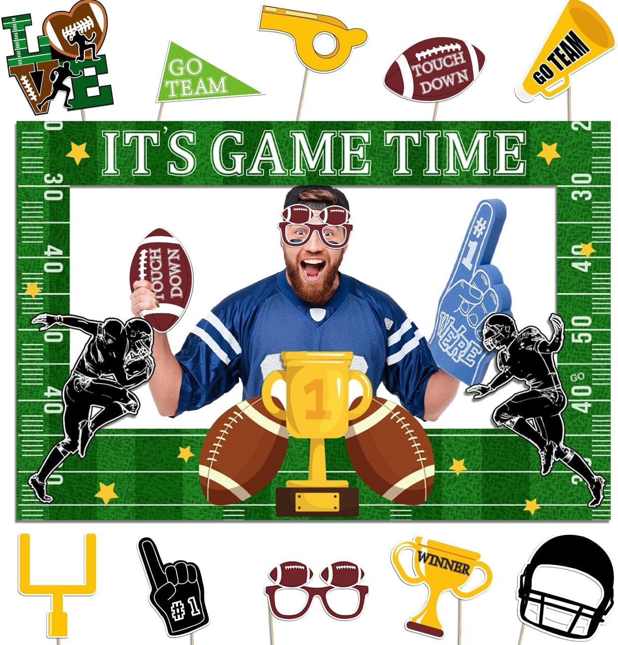 Football Photo Booth Props, Super Bowl Game Day Decorations Football Touchdown It’s Game TIME Selfie Props with Photo Frame for Sport Football Superbowl Theme Party Favors Supplies