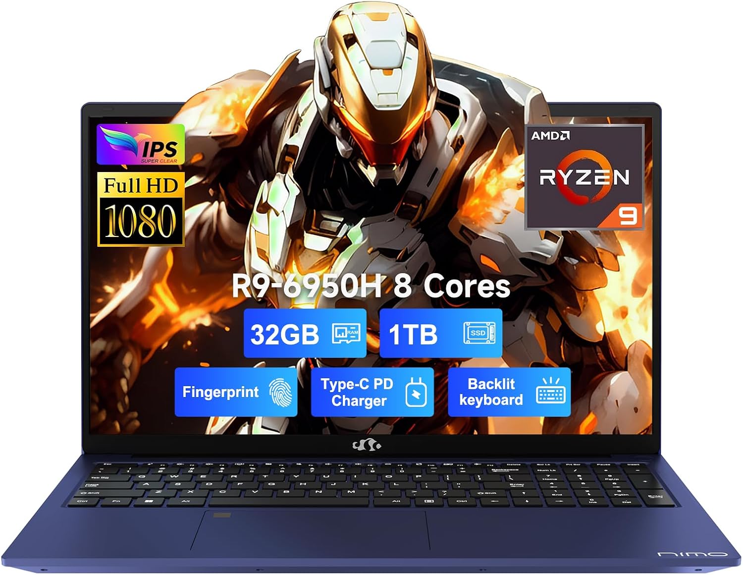 NIMO 17.3 FHD IPS Business Gaming Laptop, 8-Cores AMD Ryzen9 Pro 6950H 680M Video(Beat i9-10900, up to 4.9GHz), 32GB DDR5, 1TB SSD, 100W Type C, Fingerprint, 2 Years Warranty, WiFi 6, Win 11