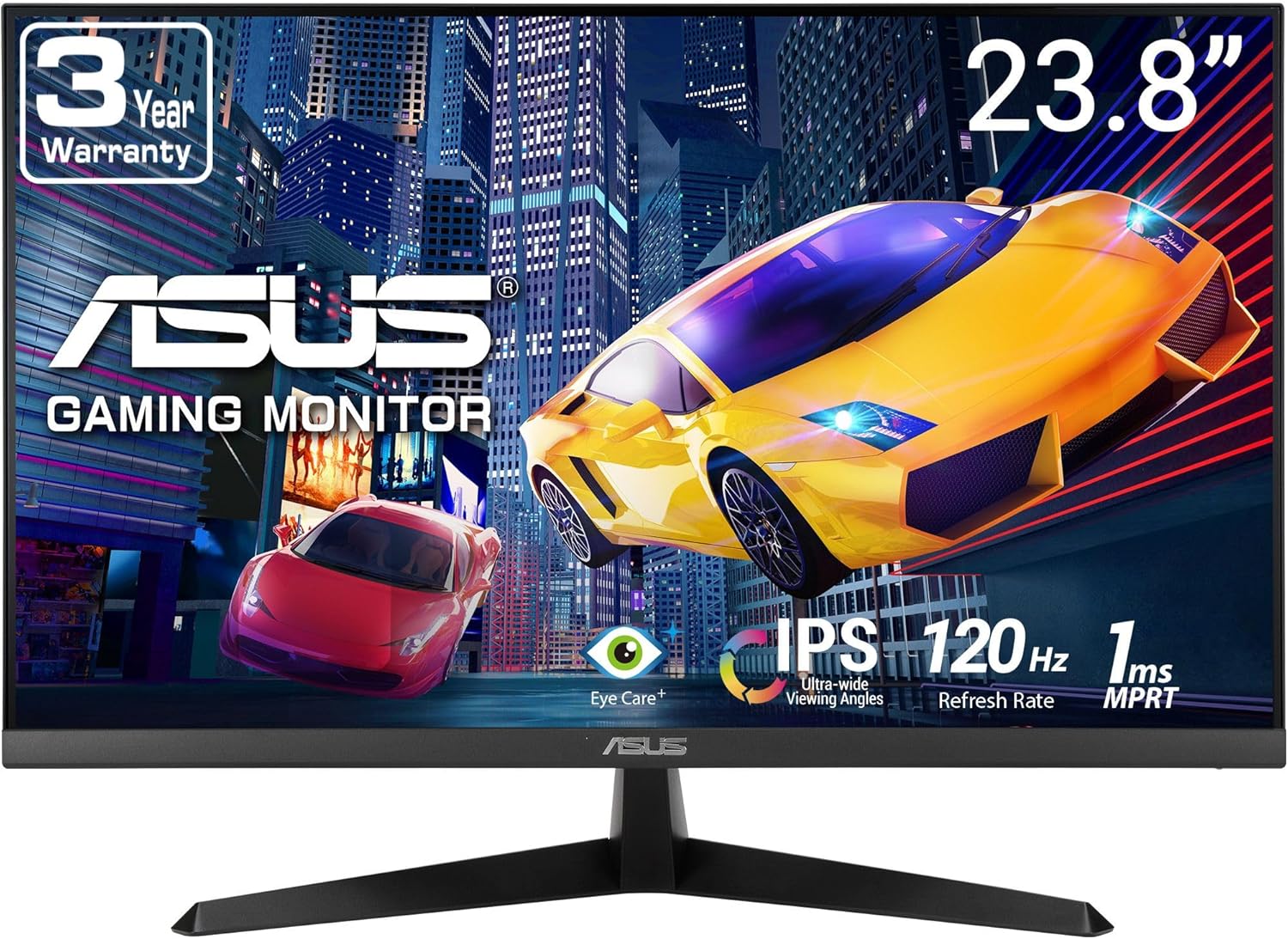 ASUS 24 inch 120Hz Gaming Office Computer Monitor (VY249HGR) – 1080p(Full HD), IPS, 120Hz, 1ms, Adaptive Sync, Eye Care Plus, Blue Light Filter, Flicker Free, SmoothMotion, DisplayWidget, 3yr warranty