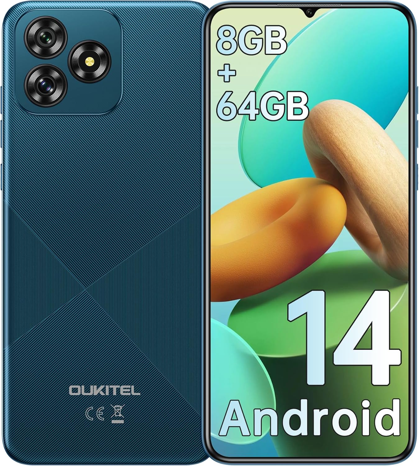 OUKITEL C53 Cell Phone Unlocked, 6.6″ HD+ Waterdrop Screen Android 14 Phone, 4300mAh Smartphone, 8GB+64GB/1TB Octa Core, 13MP Main Camera, 4G Dual SIM, Face ID/GPS/3.5mm Jack, T-Mobile – Blue