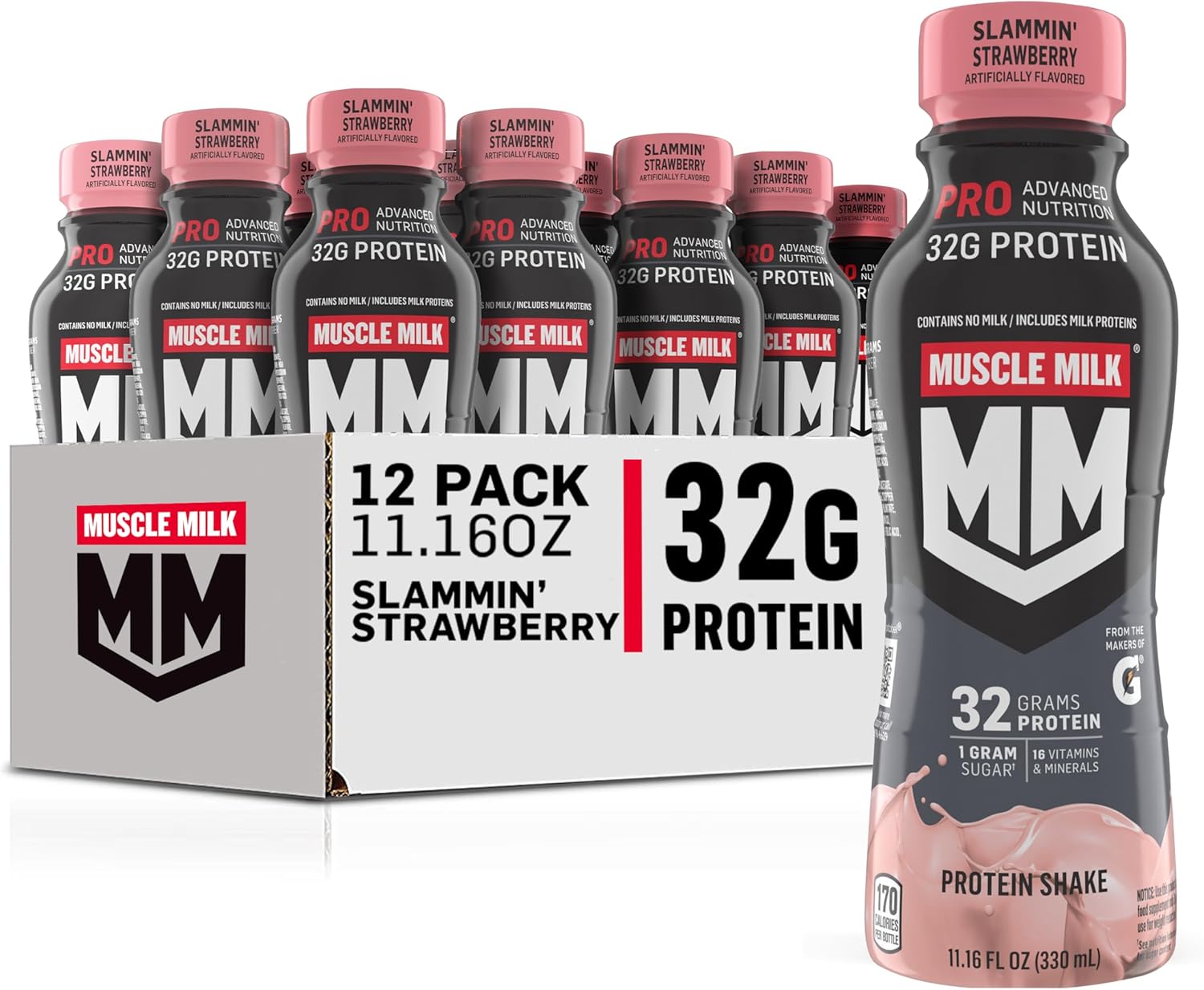 Muscle Milk Pro Advanced Nutrition Protein Shake, Slammin’ Strawberry, 11.16 Fl Oz (Pack of 12), 32g Protein, 1g Sugar, 16 Vitamins & Minerals, 5g Fiber