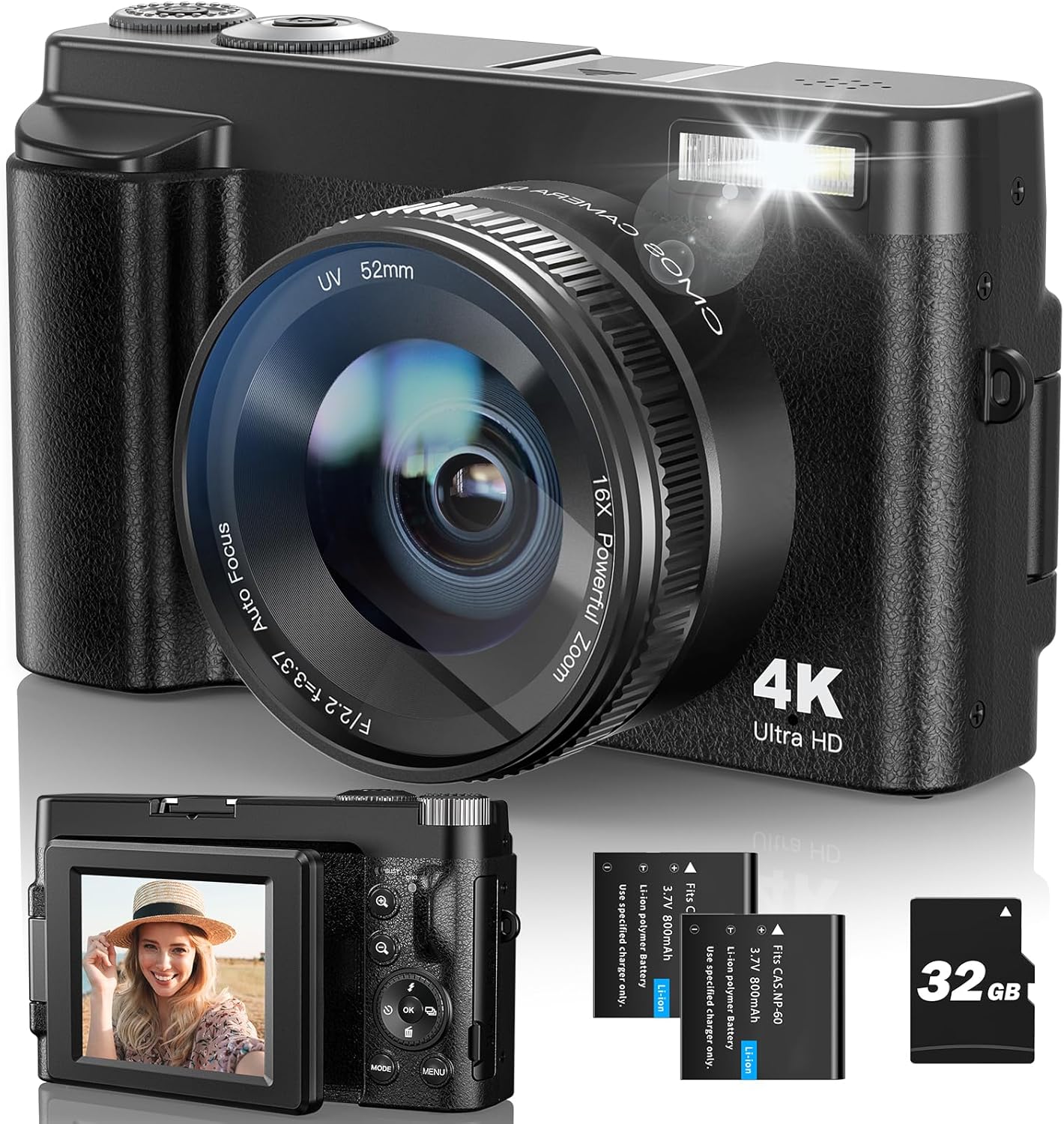 4K Digital Camera for Photography and Video, Autofocus 48MP Vlogging Camera 180° Flip Screen for Selfie and Vlog 16X Zoom Compact Digital Camera with Flash, 32GB Card, 2 Batteries