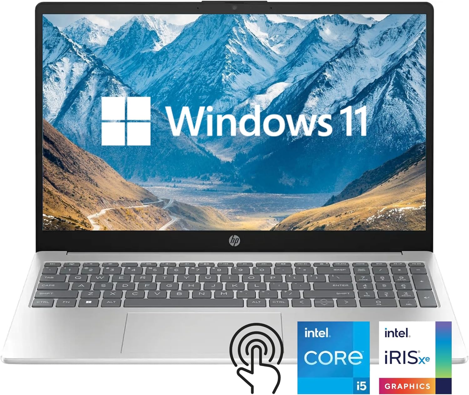 HP 15.6 inch Laptop, Intel i5 Processor Up to 4.4 GHz, 32GB RAM, 1TB SSD, HD Touch Screen, Intel Iris Xe Graphics, Windows 11 Home, Webcam, Wi-Fi, Bluetooth, Natural Silver, Alpacatec Accessory