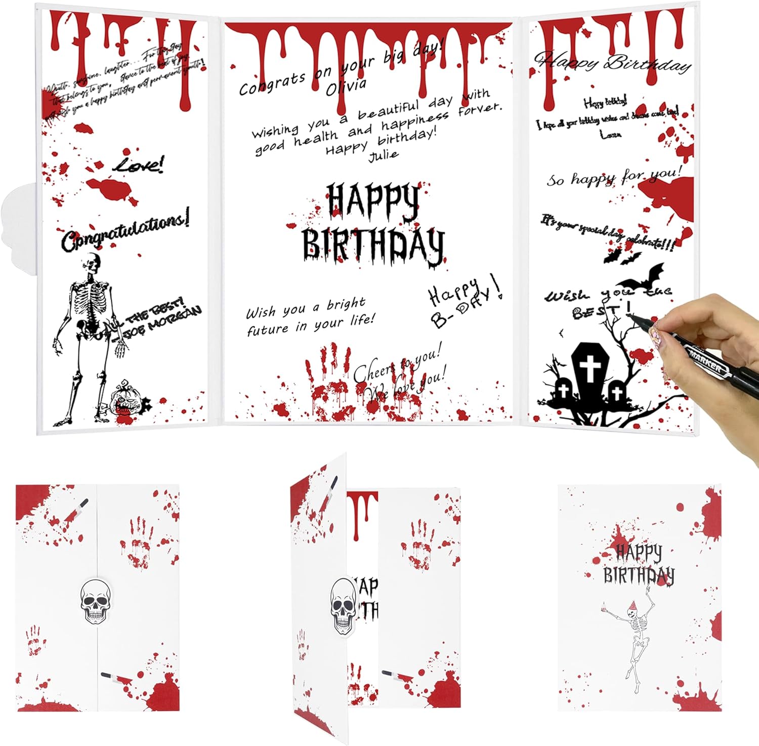 DARUNAXY Halloween Birthday Party Decorations, Red Halloween Happy Birthday Alternative Signature Guest Book Birthday Gifts on Halloween Skull Ghost Birthday Signing Card Party Supply Day of The Dead