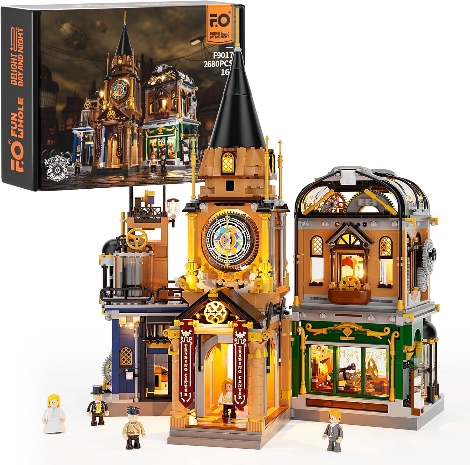 FUNWHOLE Steampunk Trading Center Lighting Building-Bricks Set – Steampunk World Architecture Model LED Light Construction Building Set 2680 Pcs for Adults and Teen