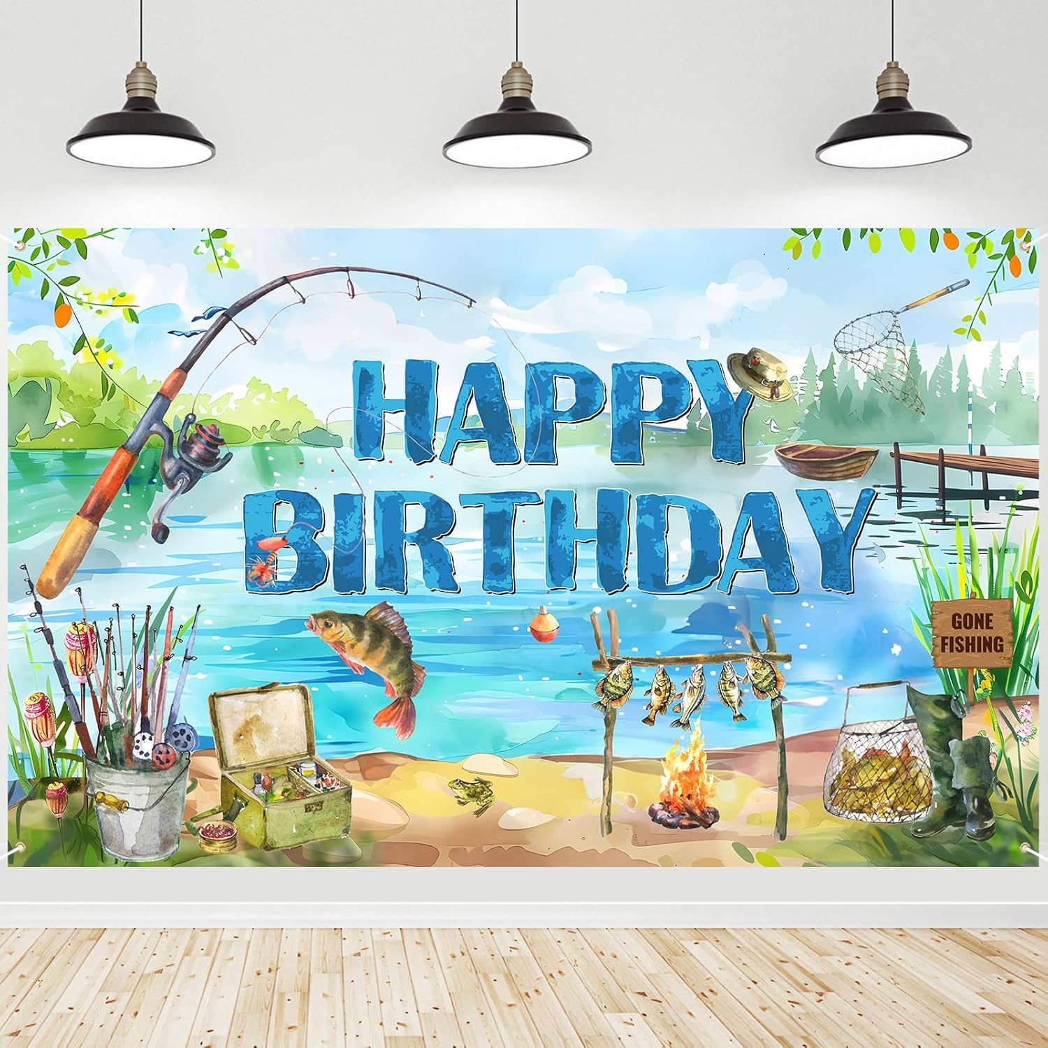 Roetyce Gone Fishing Birthday Banner, Fishing Theme Birthday Party Decorations, Gone Fishin Happy Birthday Backdrop for Kids Men, Lake Fish Fisherman Angler Birthday Decor Photo Background