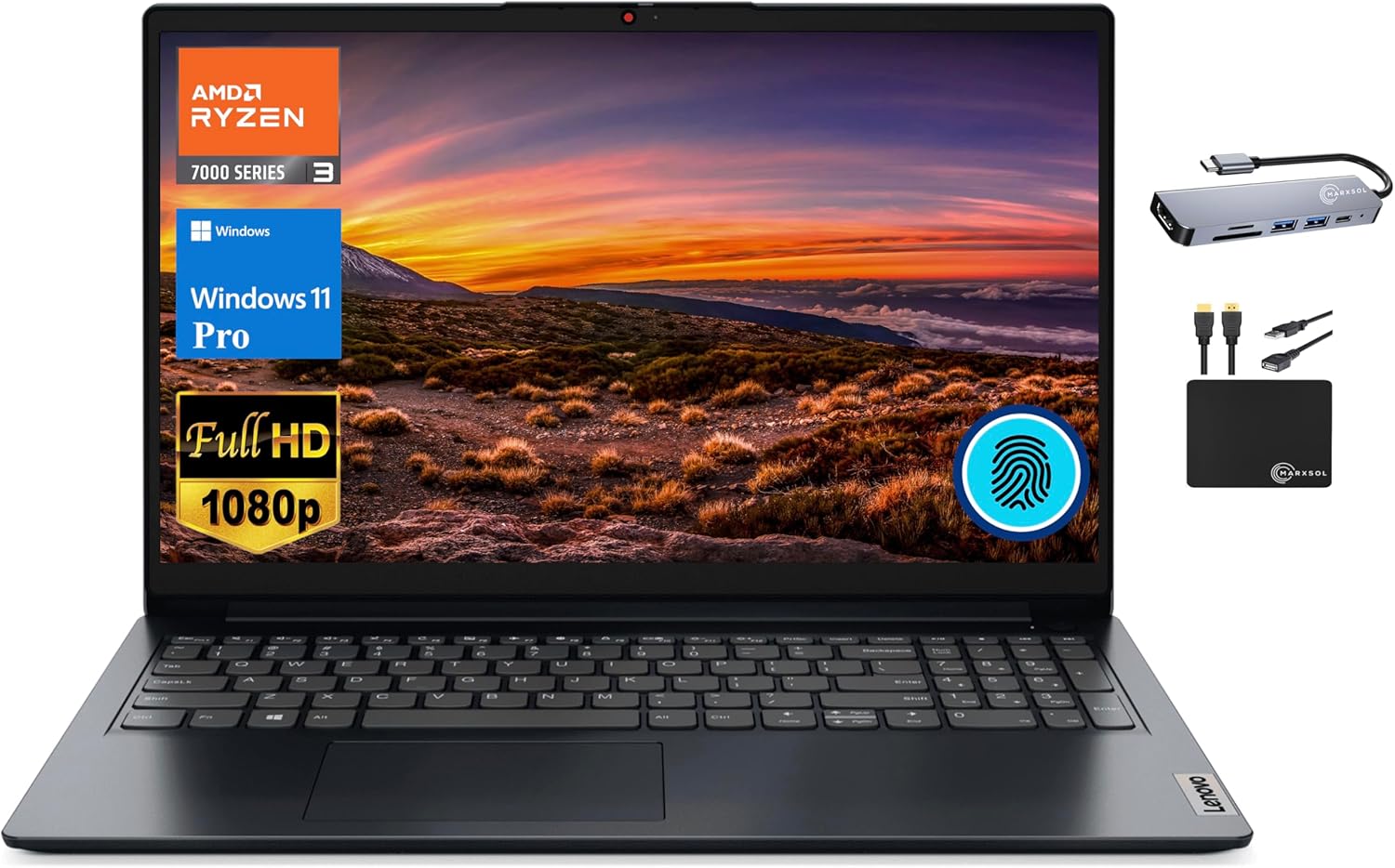 Lenovo IdeaPad Business Laptop 2024, 15.6″ FHD Display, Quad-Core AMD Ryzen 3 7320U (Beat i5-1035G7), 8GB DDR5 RAM, 512GB PCIe SSD, Radeon Graphics, Fingerprint, Wi-Fi 6, Win 11 Pro +MarxsolAccessory