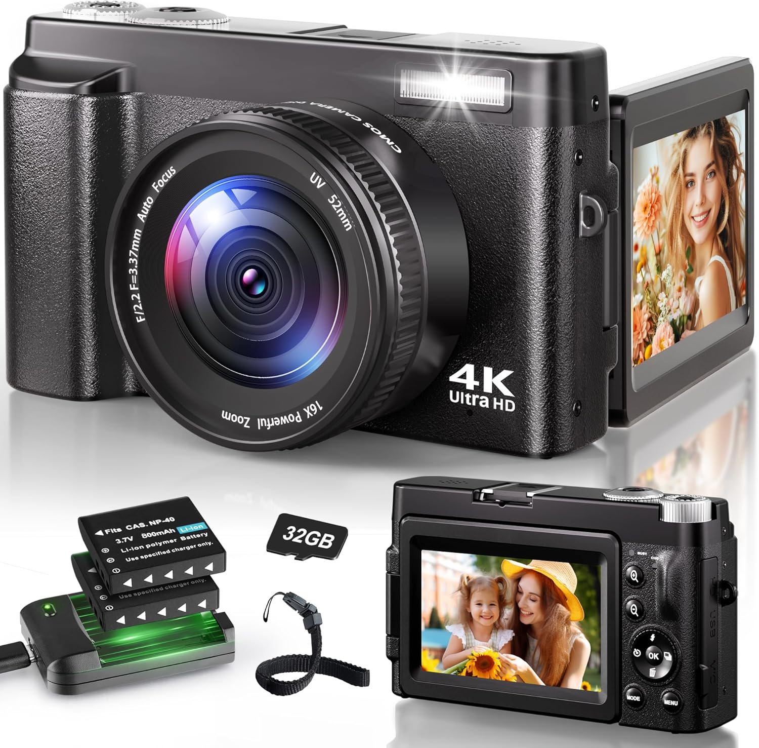 4K Digital Camera for Photography, 48MP Autofocus Vlogging Camera for YouTube with 3” 180°Flip Screen, 16X Digital Zoom Anti-Shake Compact Travel Camera with SD Card, 2 Batteries & Charging Stand