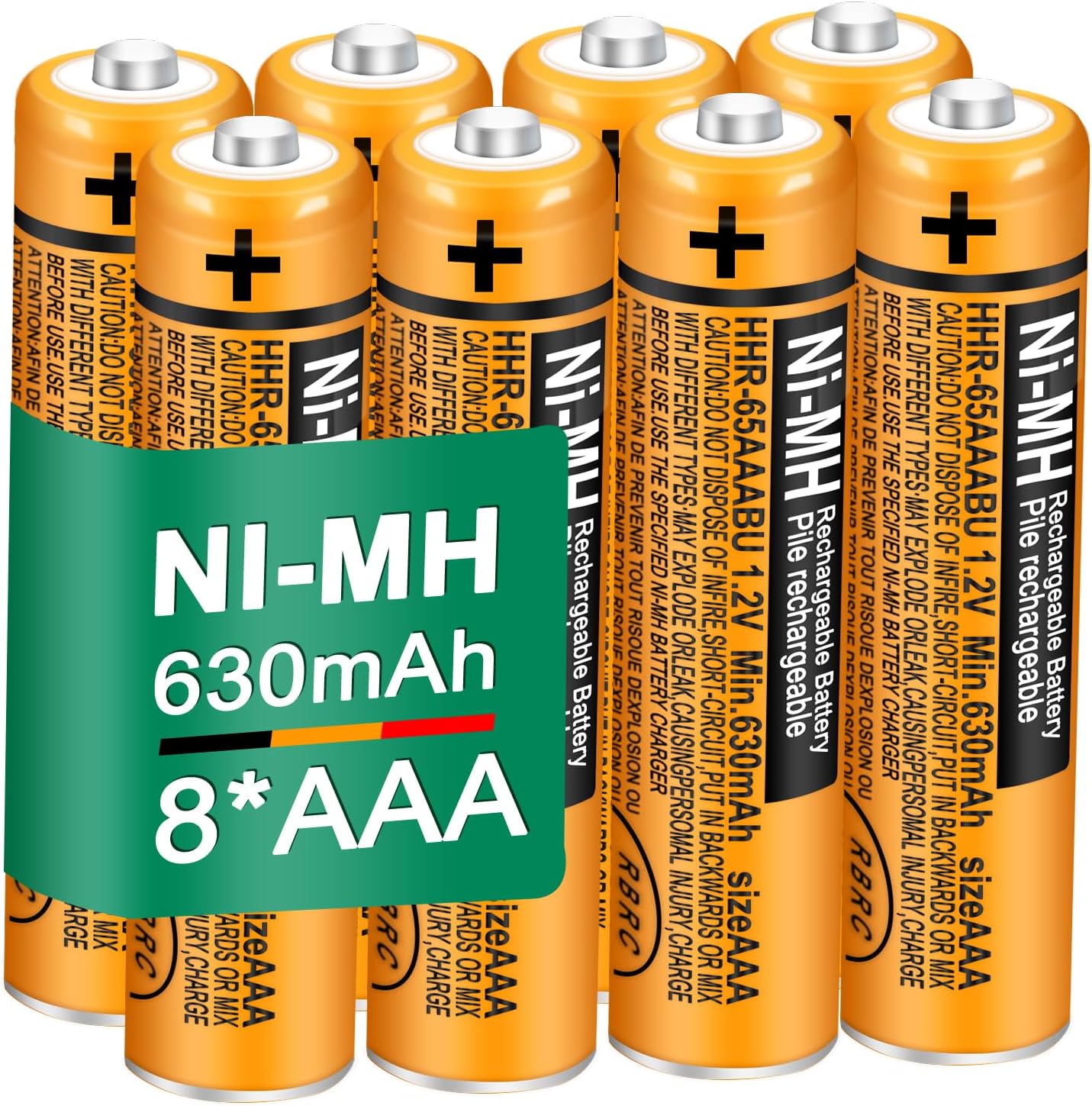 8 Pack HHR-65AAABU NI-MH Rechargeable Batteries 1.2V 630mAh AAA Battery for Panasonic Cordless Telephone Batteries