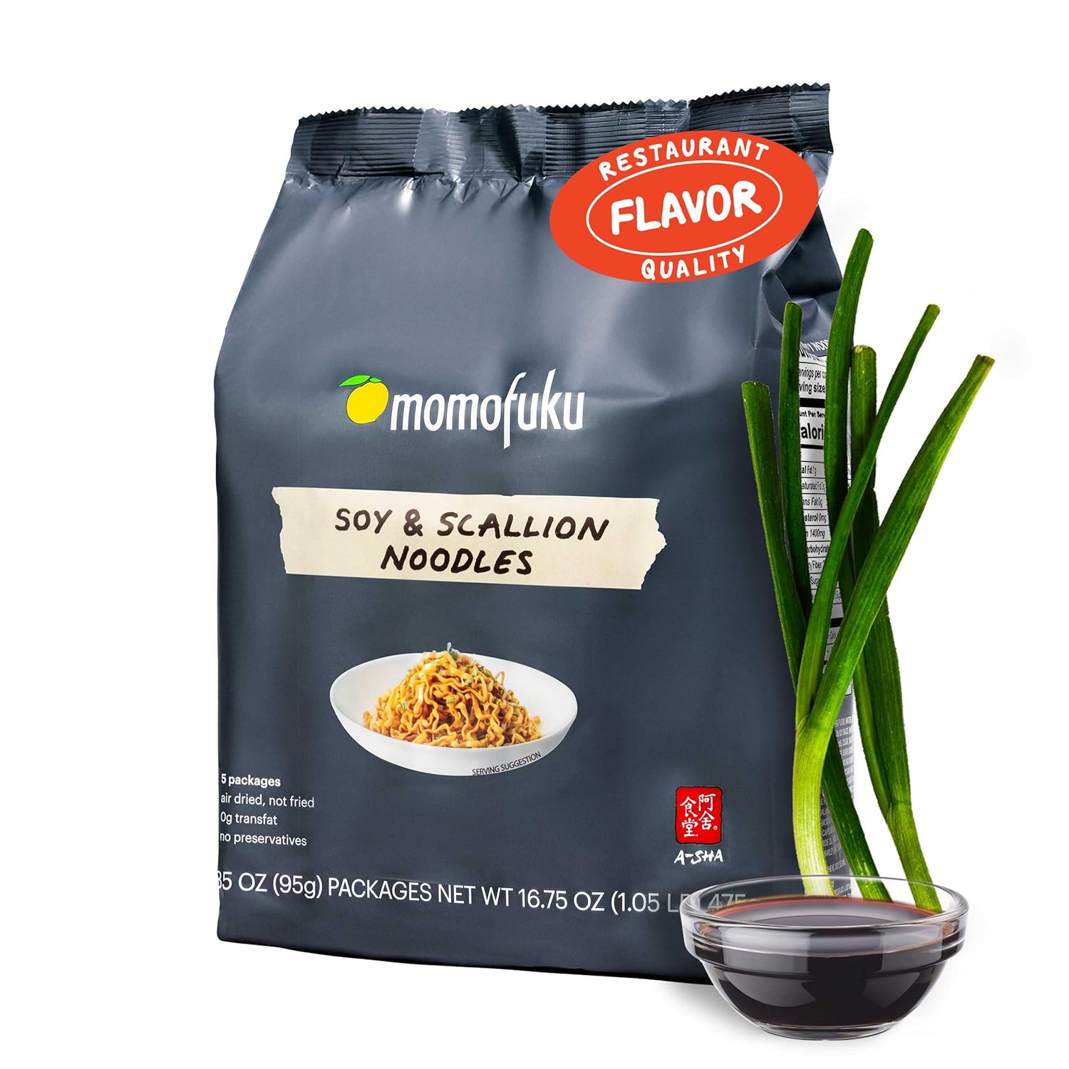 Momofuku Soy & Scallion Ramen Noodles by David Chang, 5 Count (Pack of 1) Air-Dried Vegan Instant Noodles with Sauce