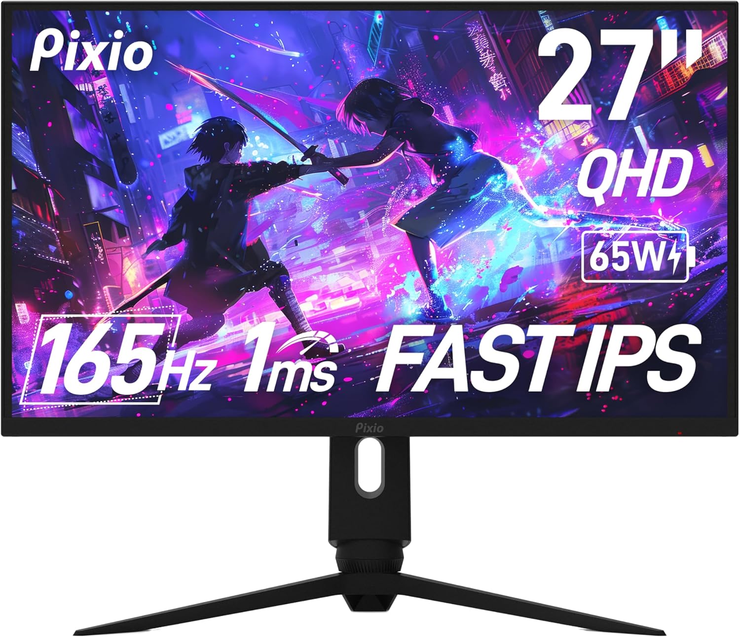 Pixio PX277 PRO 27 inch 165Hz Refresh Rate WQHD 1440p Resolution Fast IPS Panel 1ms GTG Response Time USB Type C Display Port and 65W Charging Adjustable Stand AMD FreeSync Premium HDR Gaming Monitor