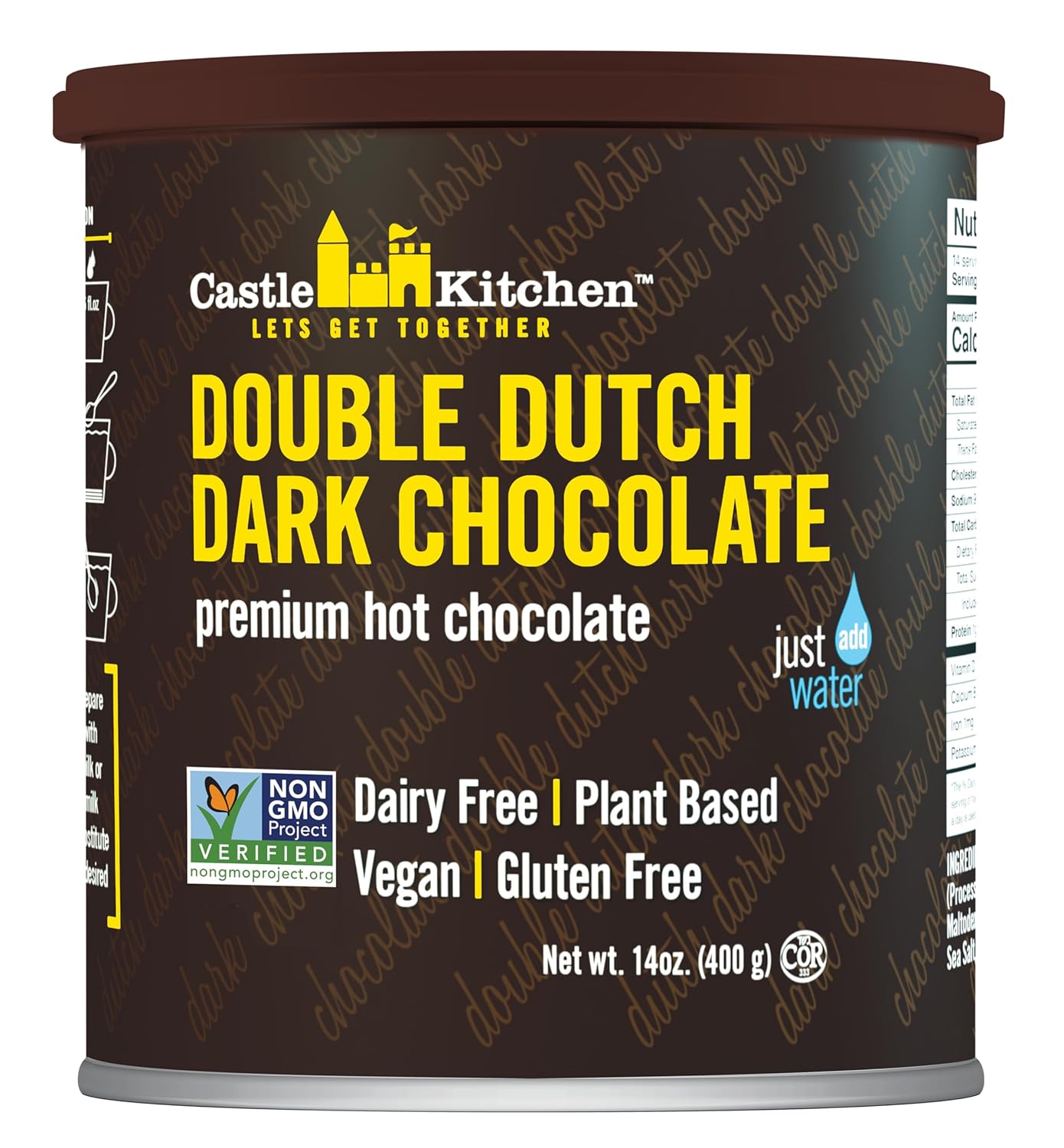 Castle Kitchen Double Dutch Dark Chocolate Premium Hot Cocoa Mix – Dairy-Free, Vegan, Plant Based, Gluten-Free, Non-GMO Project Verified, Kosher – Just Add Water – 14 oz