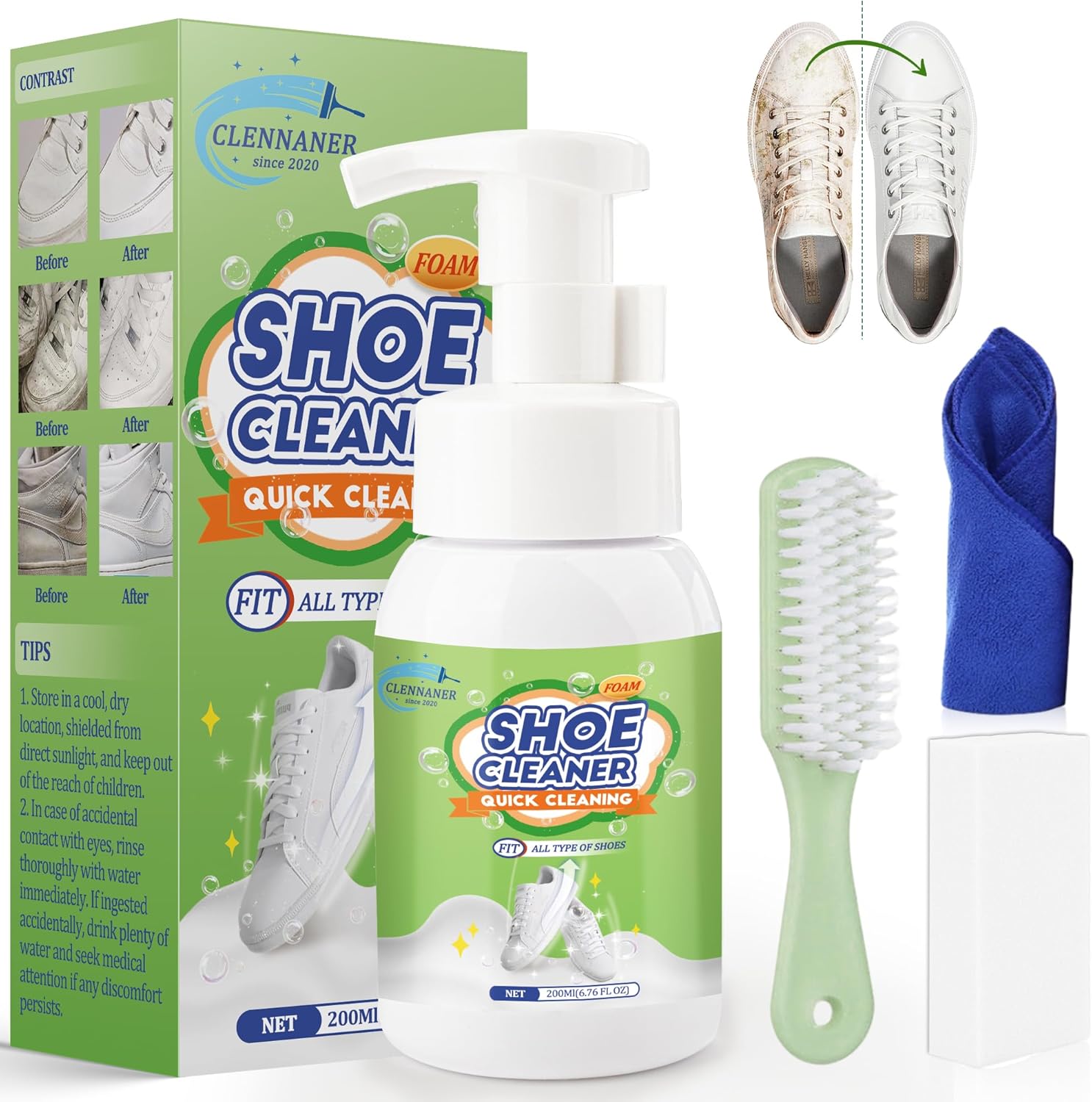 Shoe Cleaner, 6.76 Oz Sneaker Cleaner Removes Dirt and Stains, Shoe Cleaning Kit works on Leather, Knit, Canvas, PU