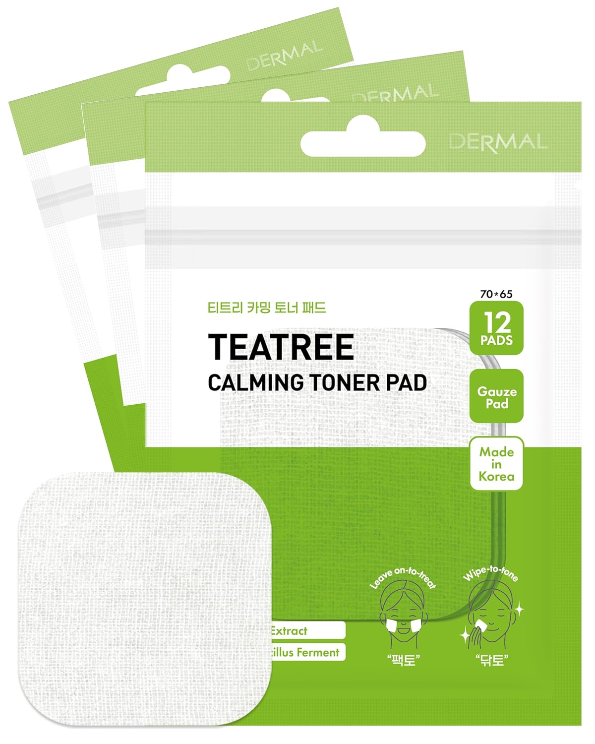 DERMAL Teatree Calming Toner Pad – Korean Toner Pad for Calming & Acne Improvement with Zinc PCA – Vegan Gauze Tencel Square Pads – Travel Kit 12 Pads, 3 Pack (Total 36 Pads)