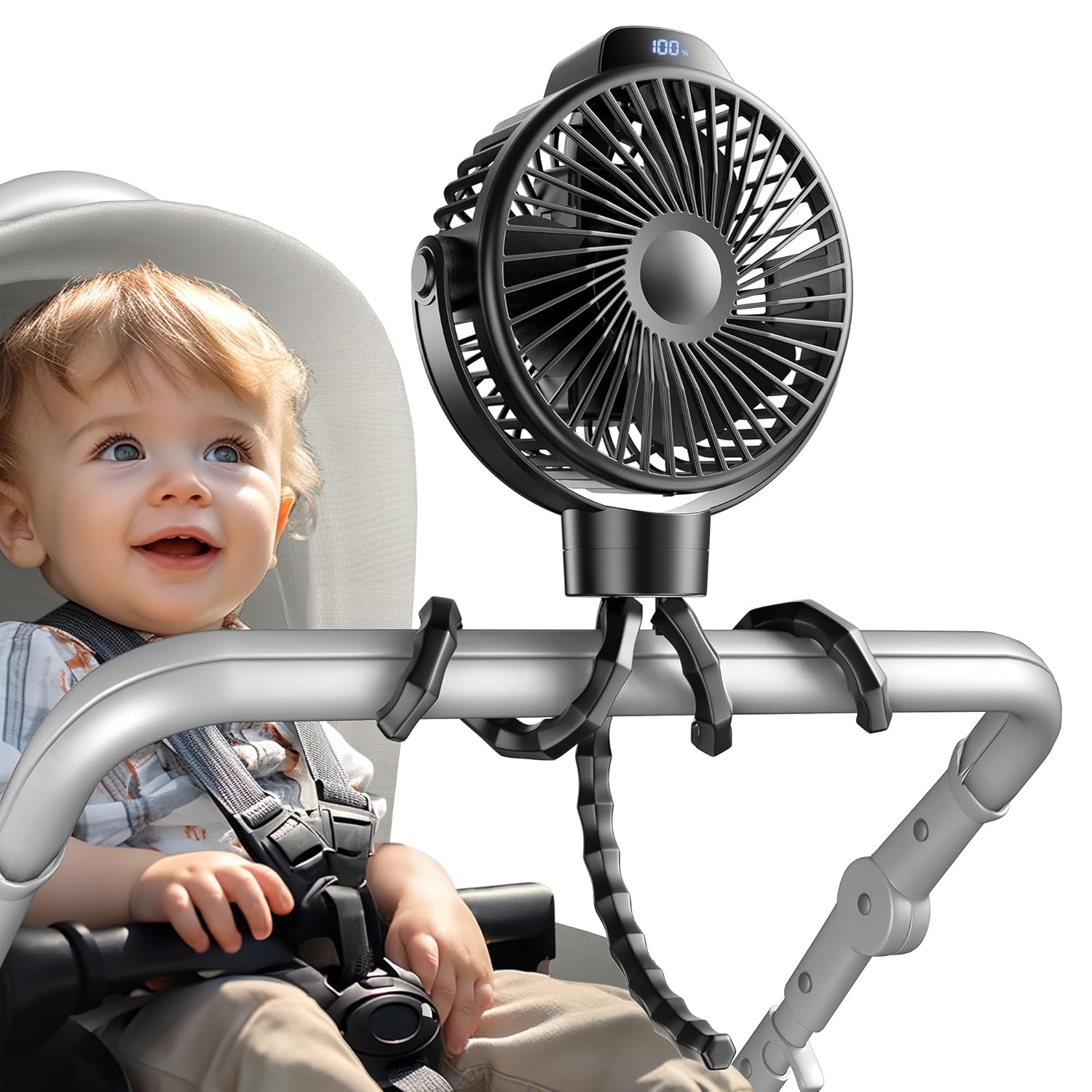 Koonie Portable Stroller Fan for Baby, Rechargeable Battery Operated, 3 Speeds, 360° Rotation, 25db Low Noise,Digital Display, Detachable Flexible Tripod Clip-on Car Seats, Tent, Crib, Treadmill