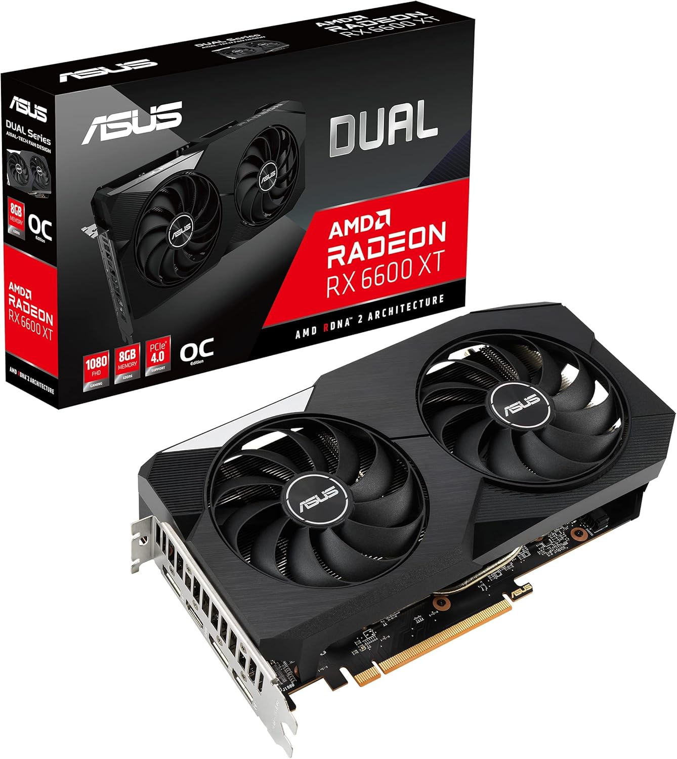 ASUS Dual AMD Radeon RX 6600 XT OC Edition 8GB GDDR6 Gaming Graphics Card (AMD RDNA 2, PCIe 4.0, 8GB GDDR6 Memory, HDMI 2.1, DisplayPort 1.4a, Axial-tech Fan Design, 0dB Technology) (Renewed)