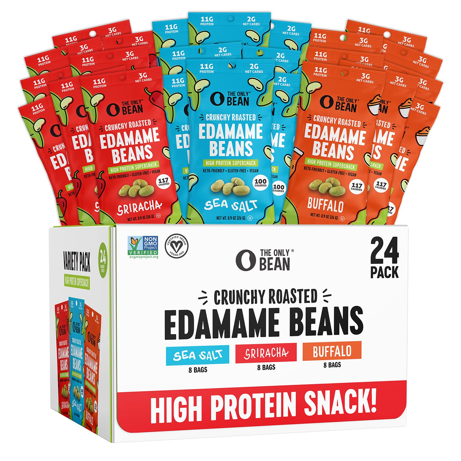 The Only Bean Crunchy Roasted Edamame – Healthy Snacks for Adults and Kids (Variety Pack), Low Calorie & Carb Keto Snack Food, Vegan Gluten Free High Protein Snacks (11g), Office Snack, 0.9oz 24 pack