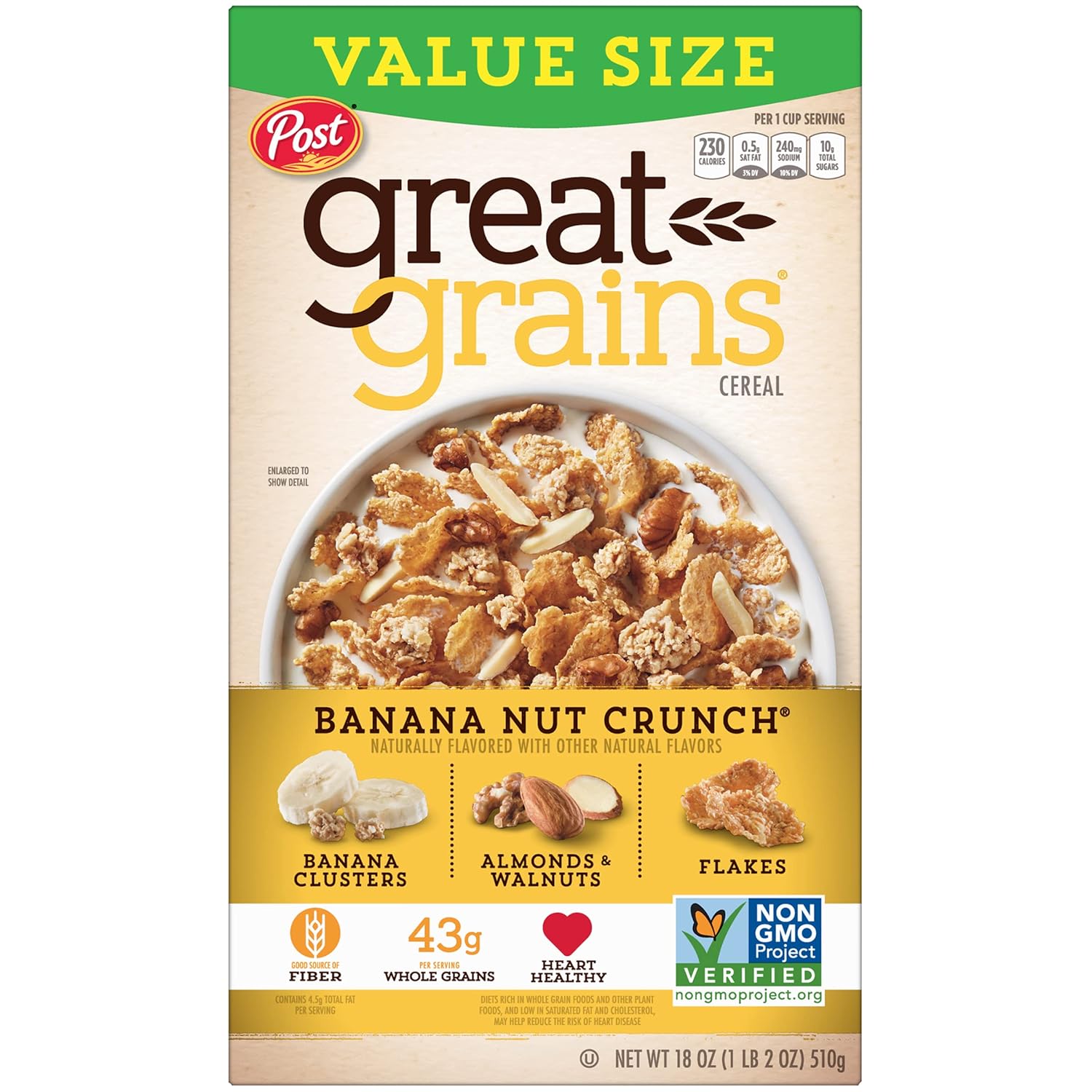 Post Great Grains Banana Nut Crunch Breakfast Cereal, Non GMO Project Verified, Heart Healthy, Low Saturated Fat, Whole Grain Cereal, 18 Ounce