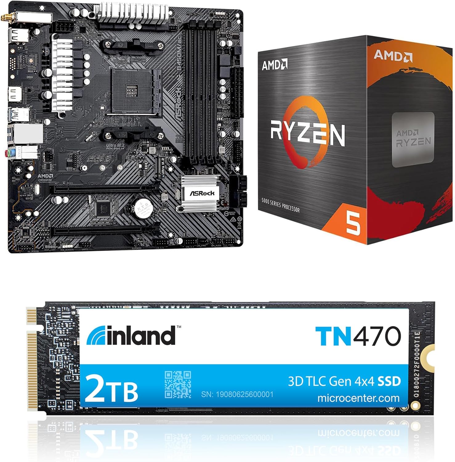 Micro Center CPU Motherboard SSD Combo: AMD Ryzen 5 5500 6-Core 12-Thread Processor Bundle with ASRock B450M/AC R2.0 AM4 Micro ATX Motherboard and Inland TN470 2TB NVMe SSD