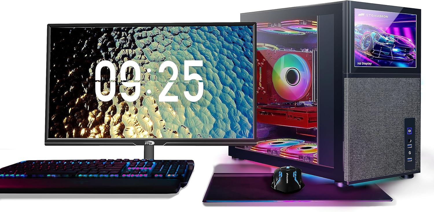 STGAubron Gaming PC Bundle with 24Inch FHD LED Monitor-RTX 3060 12G, Intel Core i7-11700KF up to 5.0G, 32G DDR4, 2T SSD, RGB Fan x 6, RGB Mouse Pad, Windows 11 Home