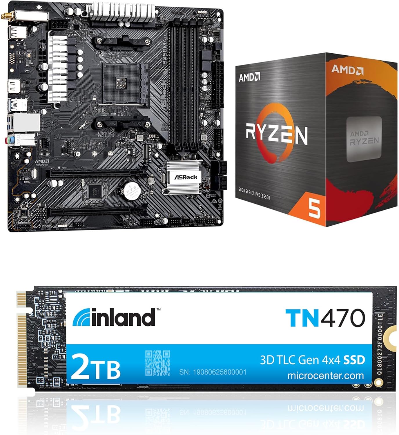 Micro Center CPU Motherboard SSD Combo: AMD Ryzen 5 5600 6-Core 12-Thread Processor Bundle with ASRock B450M/AC R2.0 AM4 Micro ATX Motherboard and Inland TN470 2TB NVMe SSD