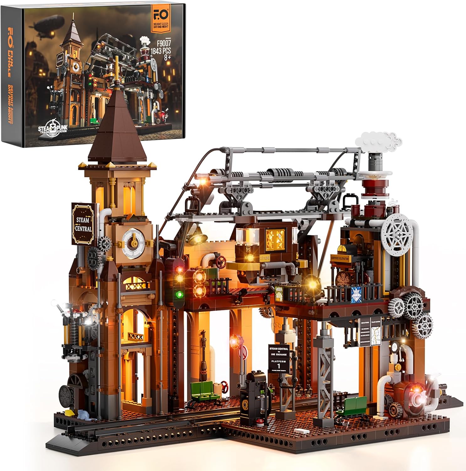 FUNWHOLE Train-Station Lighting Building Bricks Set – Steampunk LED Light Building Set 1843 Pieces for Adults and Teens