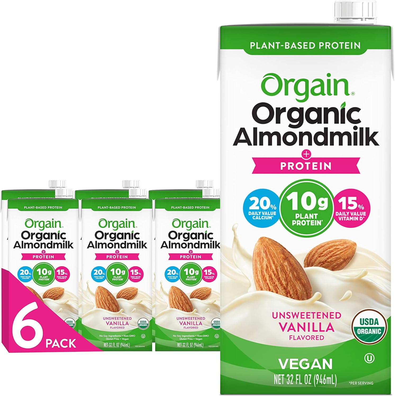 Orgain Organic Vegan Protein Almond Milk, Unsweetened Vanilla – 10g Plant Protein, Vitamin D & Calcium, No Lactose, Dairy & Soy Ingredients, Gluten Free, No Sugar Added, 32 Fl Oz (Pack of 6)