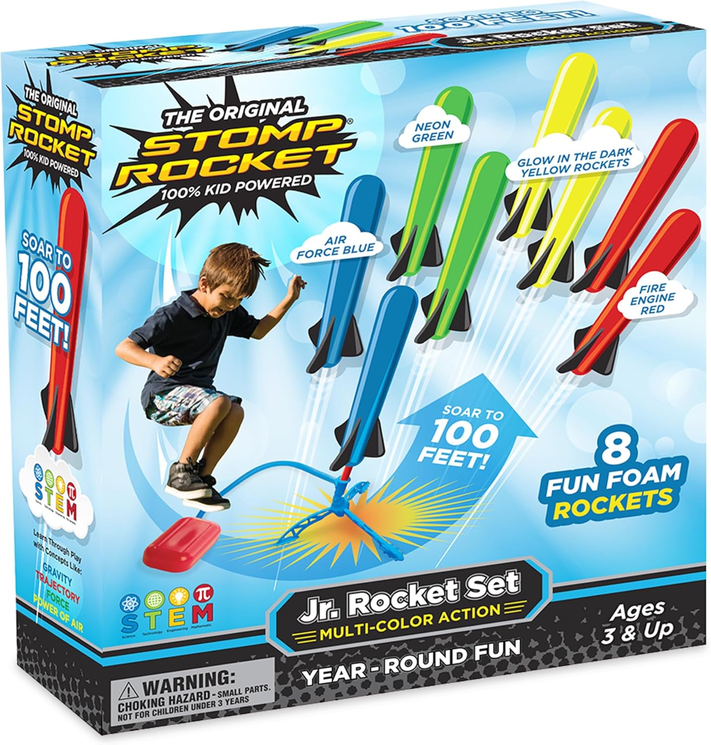 Stomp Rocket Jr Multi-Color Rocket Launcher for Kids, 8 Rockets – Fun Outdoor Kids Gifts for Boys & Girls – STEM Toy Foam Blaster Set Soars Up to 100 Feet – Ages 3 & Up